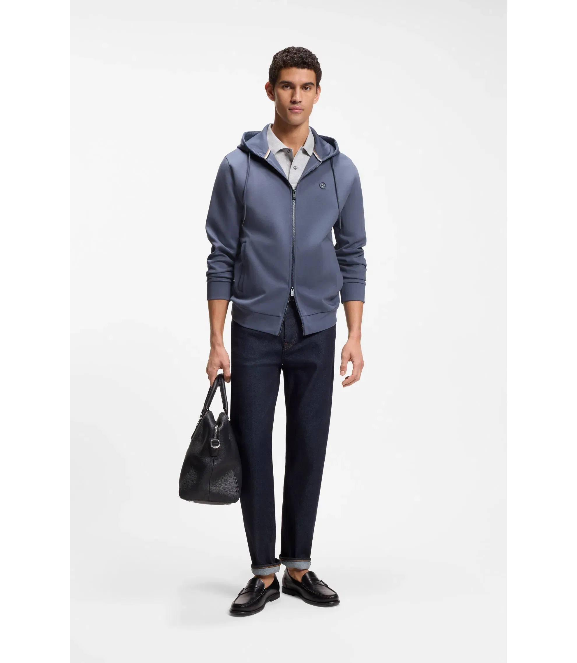 Boss Cotton Blend Zip Up Hoodie With Double B Monogram Light Blue