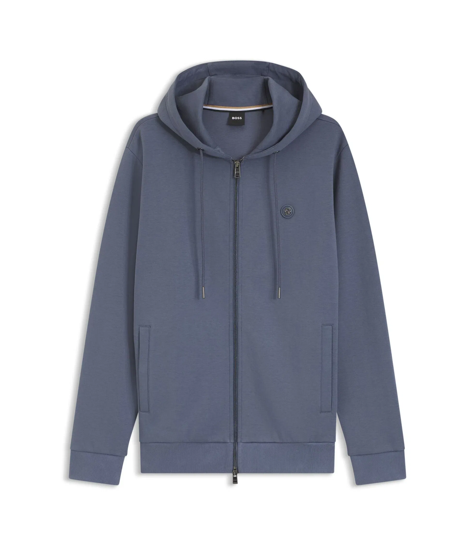 Boss Cotton Blend Zip Up Hoodie With Double B Monogram Light Blue