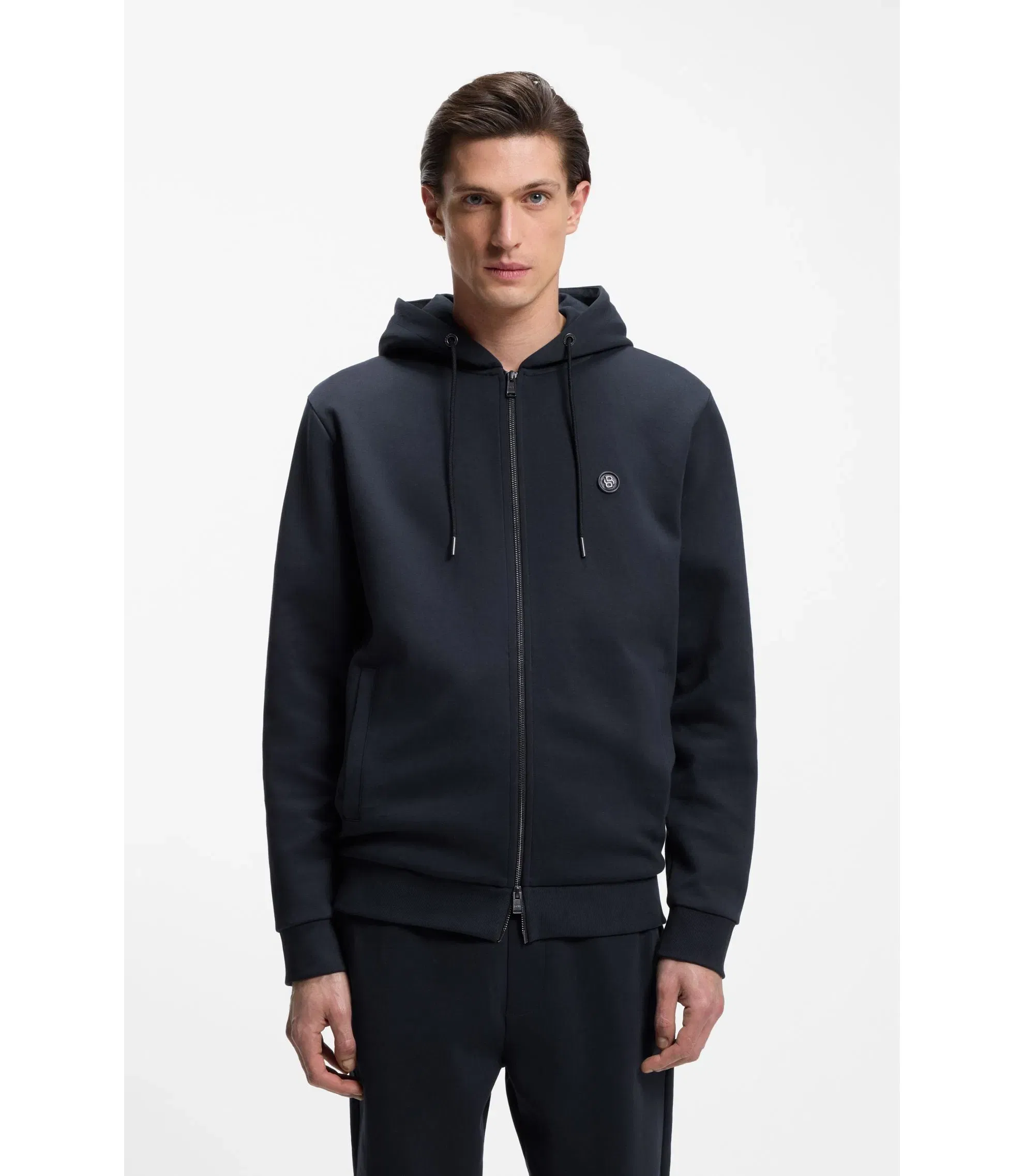 Boss Cotton Blend Zip Up Hoodie With Double B Monogram Dark Blue