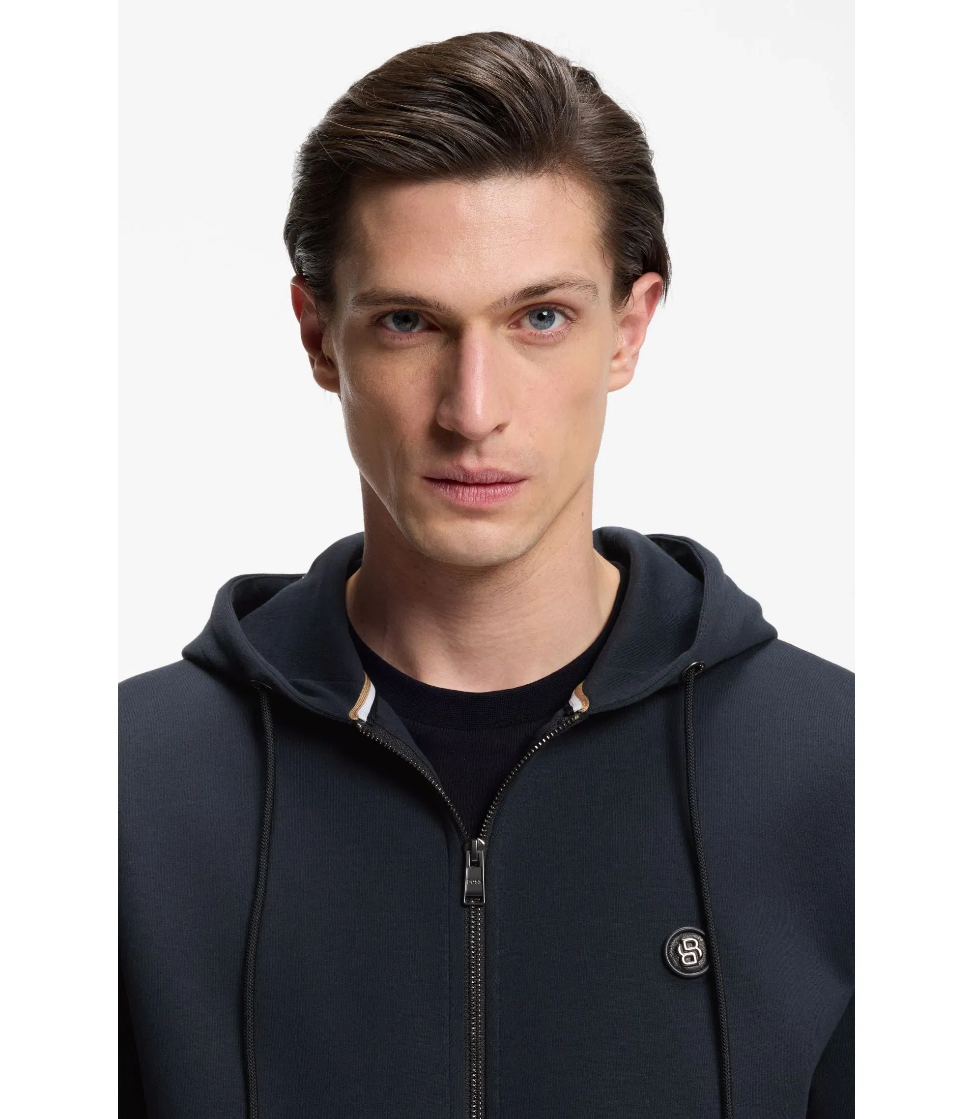 Boss Cotton Blend Zip Up Hoodie With Double B Monogram Dark Blue