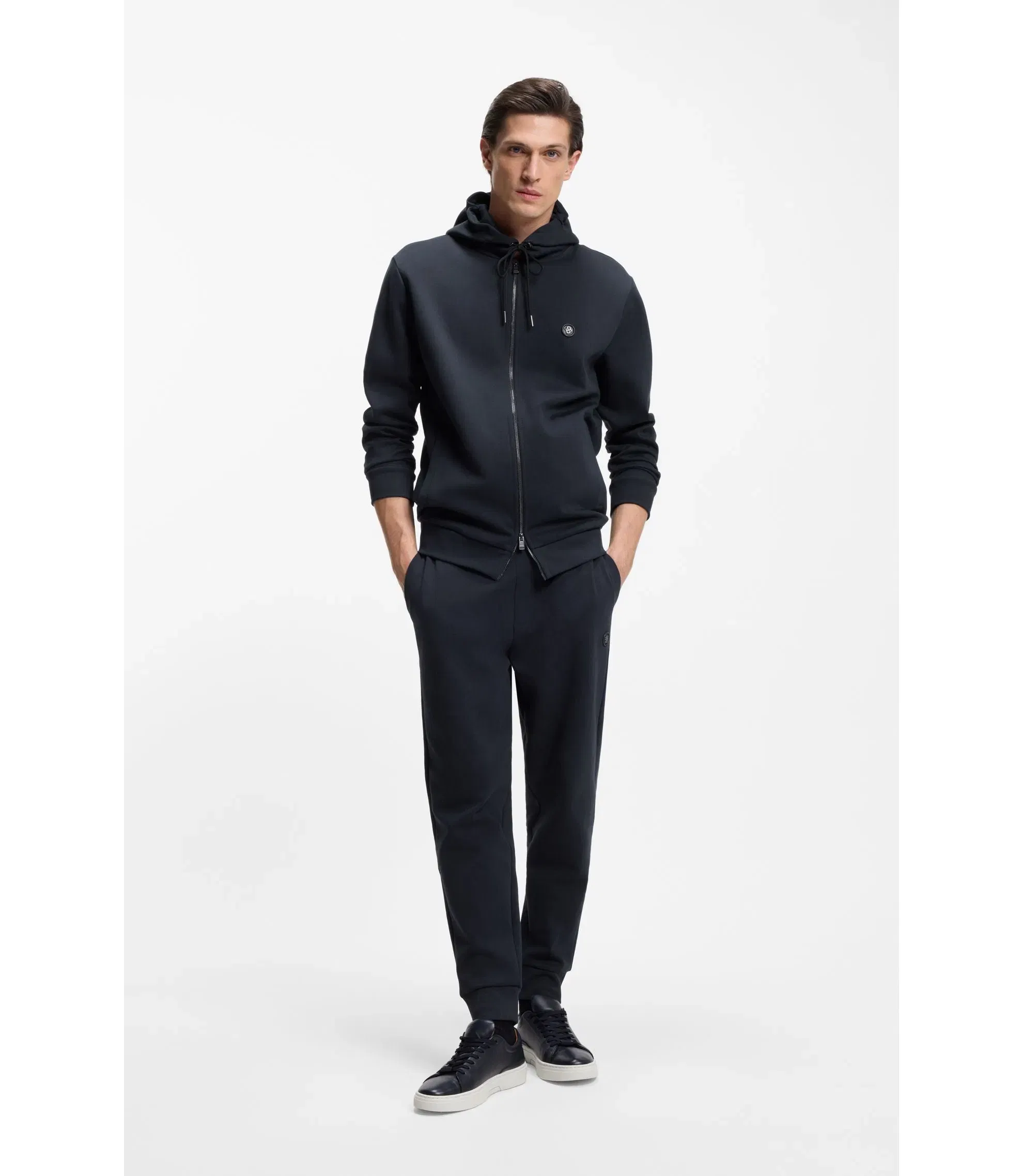 Boss Cotton Blend Zip Up Hoodie With Double B Monogram Dark Blue