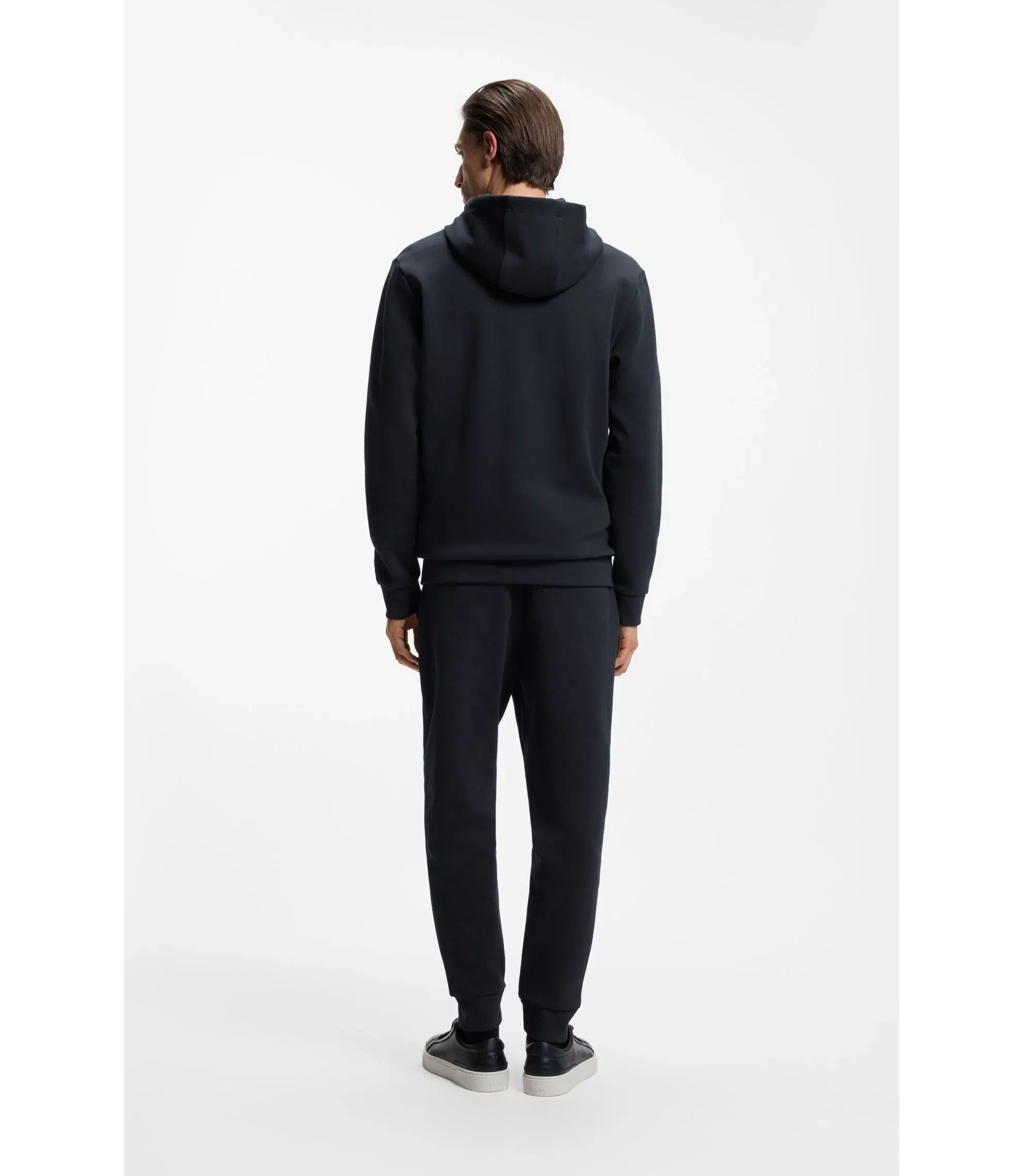 Boss Cotton Blend Zip Up Hoodie With Double B Monogram Dark Blue