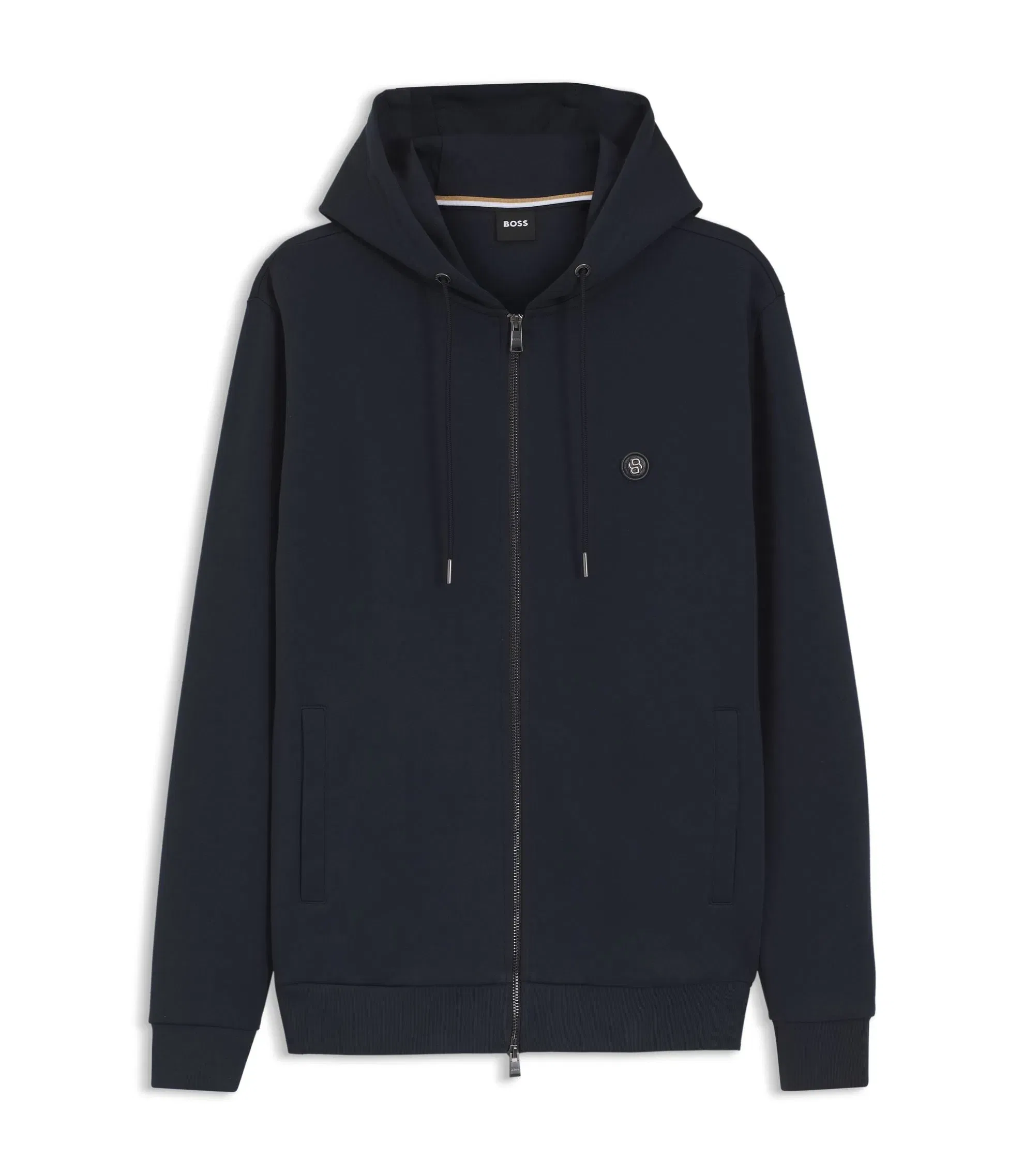 Boss Cotton Blend Zip Up Hoodie With Double B Monogram Dark Blue