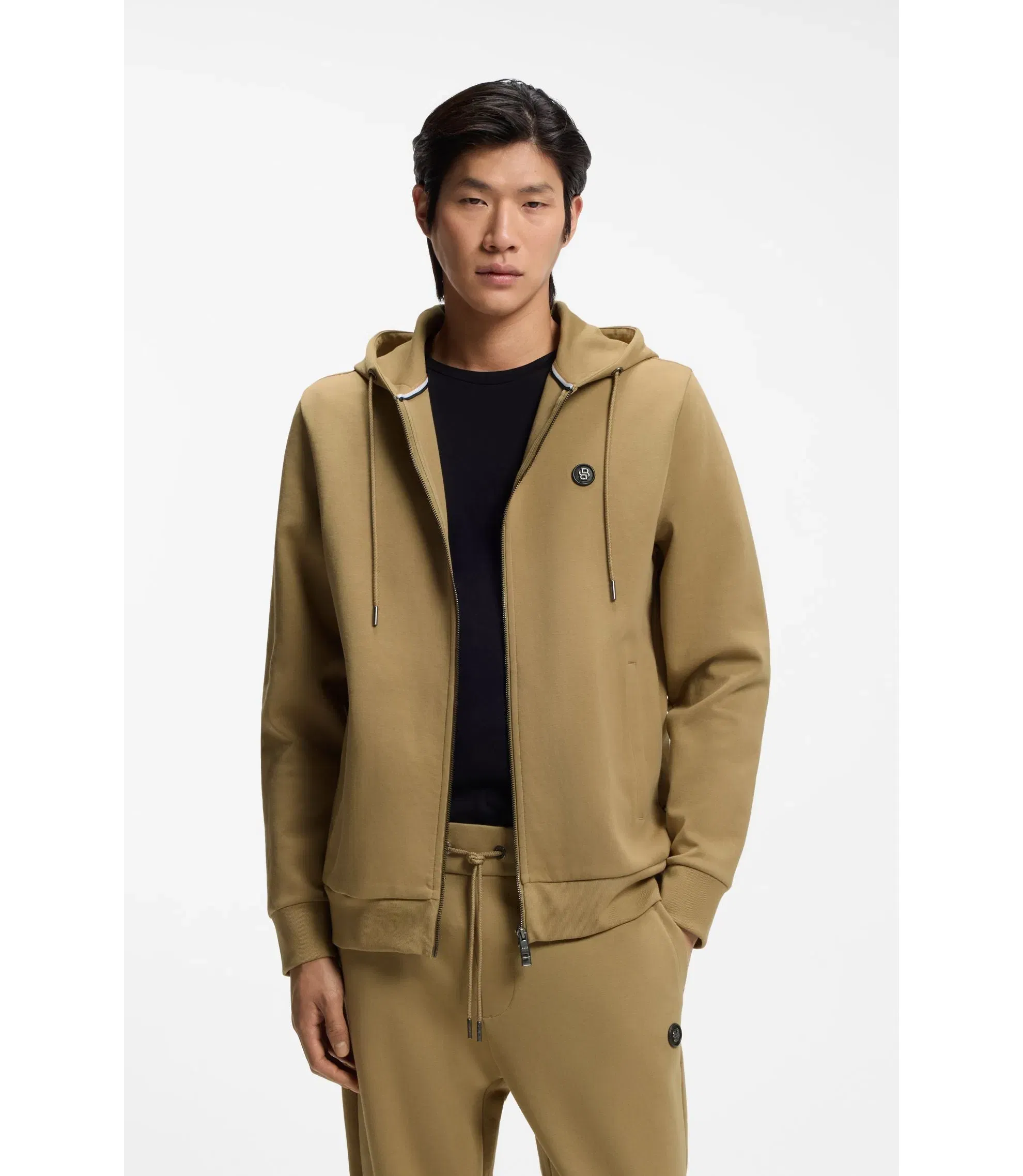 Boss Cotton Blend Zip Up Hoodie With Double B Monogram Khaki
