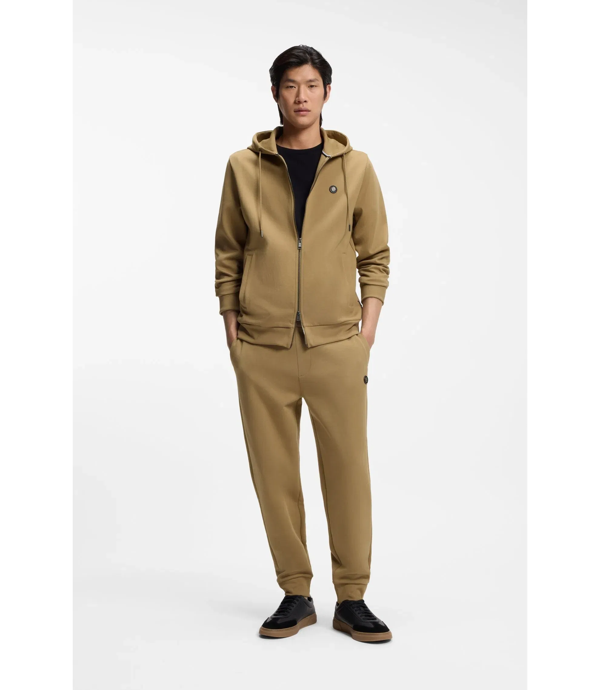 Boss Cotton Blend Zip Up Hoodie With Double B Monogram Khaki