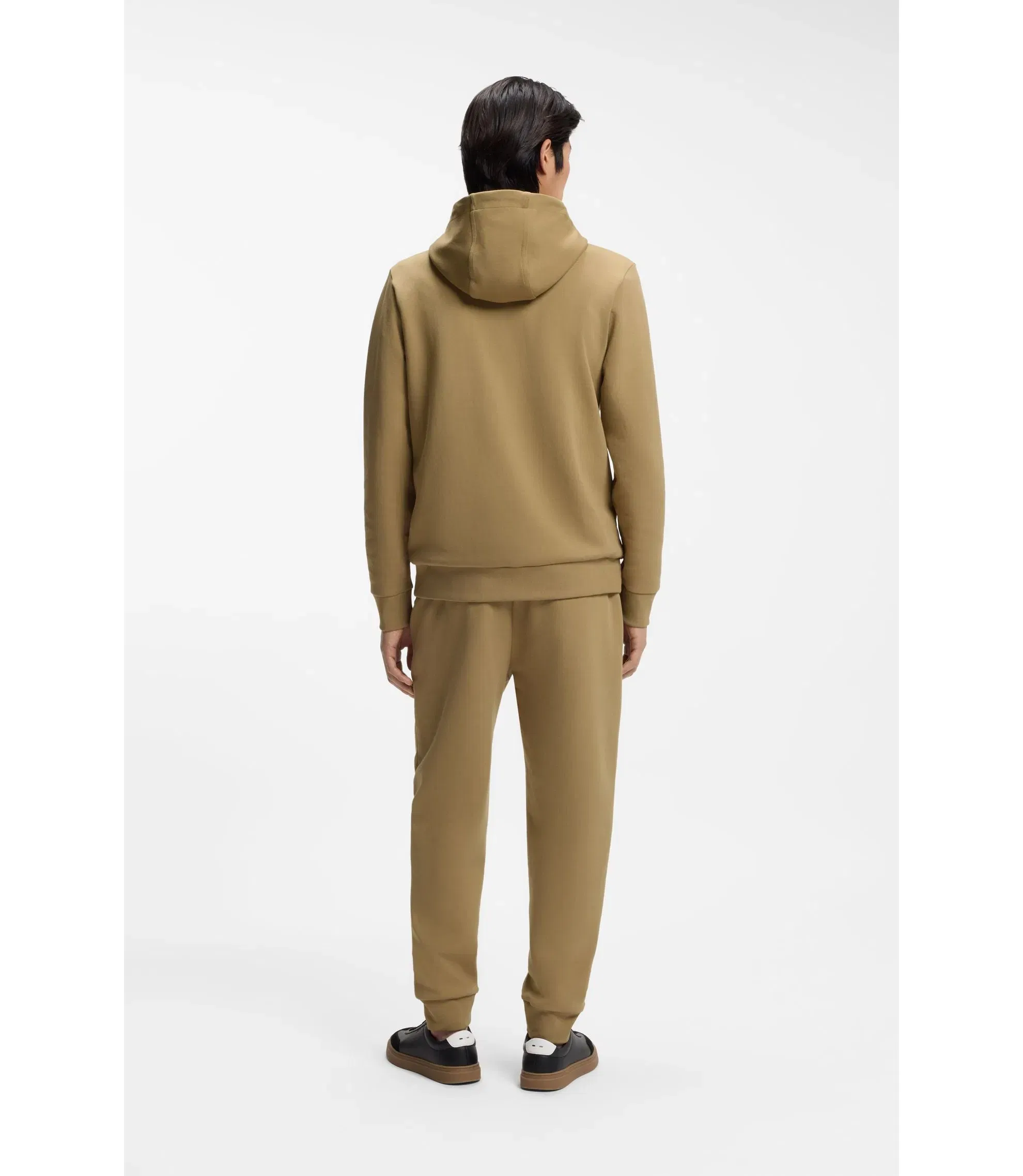 Boss Cotton Blend Zip Up Hoodie With Double B Monogram Khaki