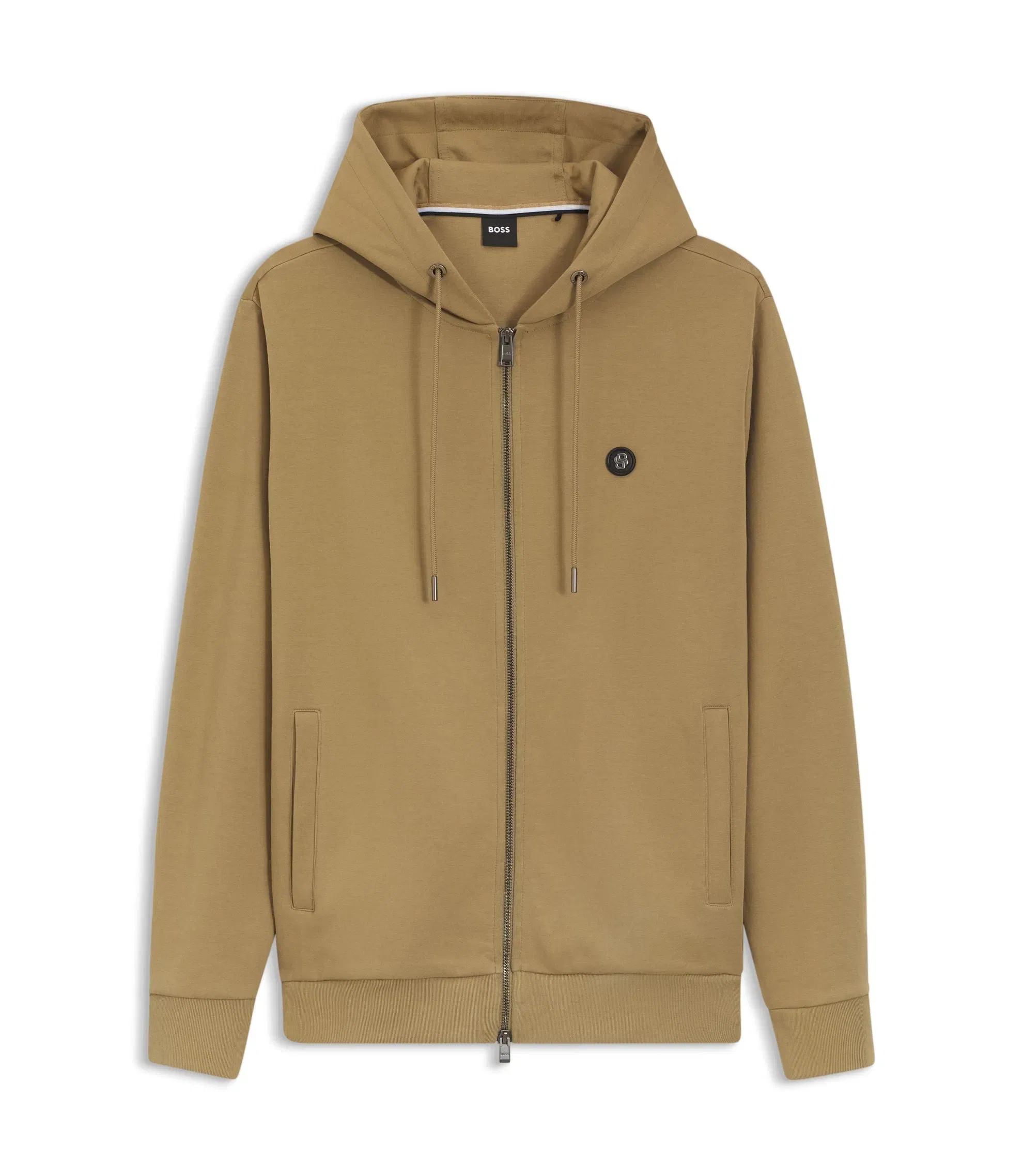 Boss Cotton Blend Zip Up Hoodie With Double B Monogram Khaki