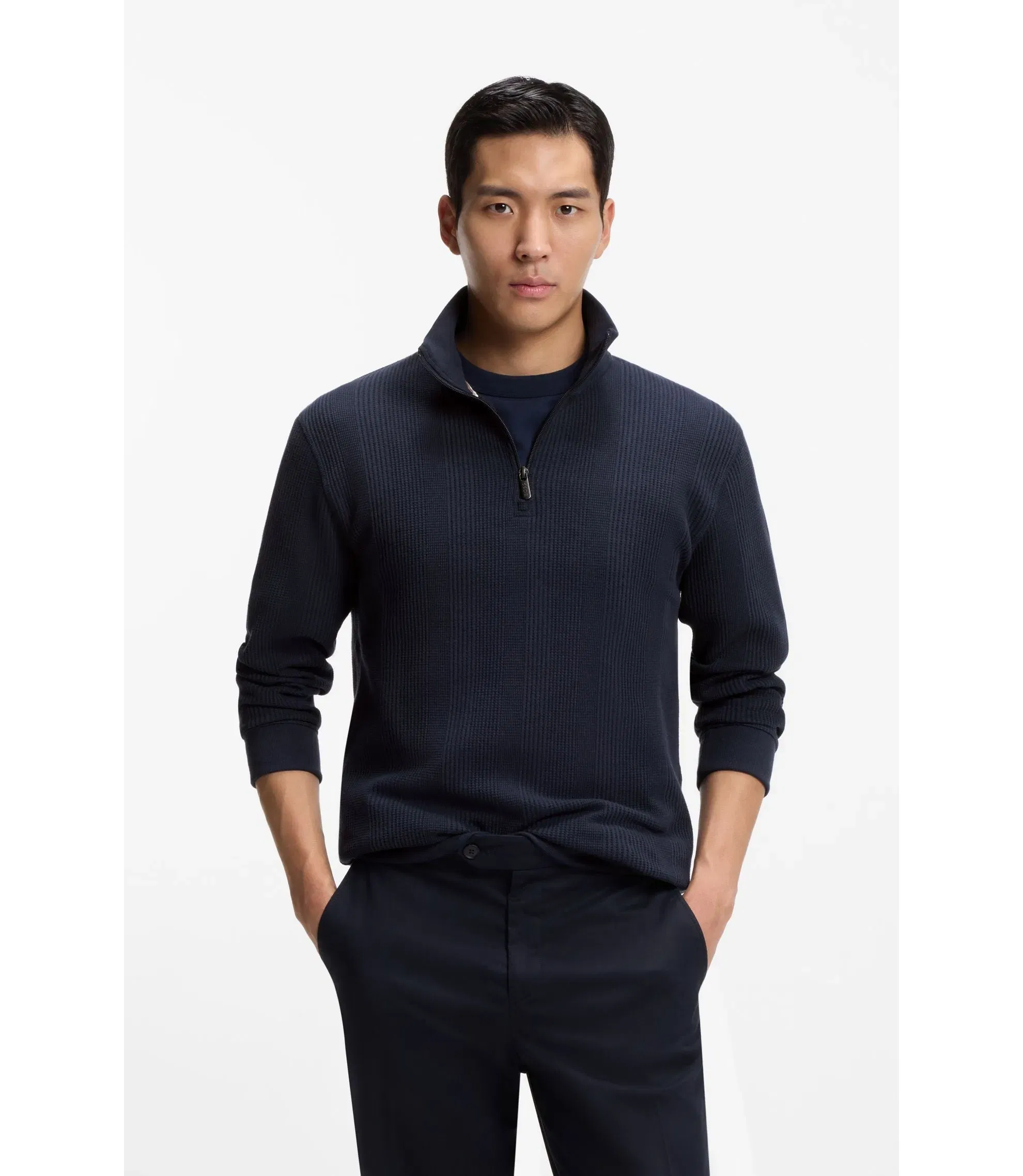 Boss Cotton Blend Zipper Neck Sweatshirt With Waffle Structure Dark Blue