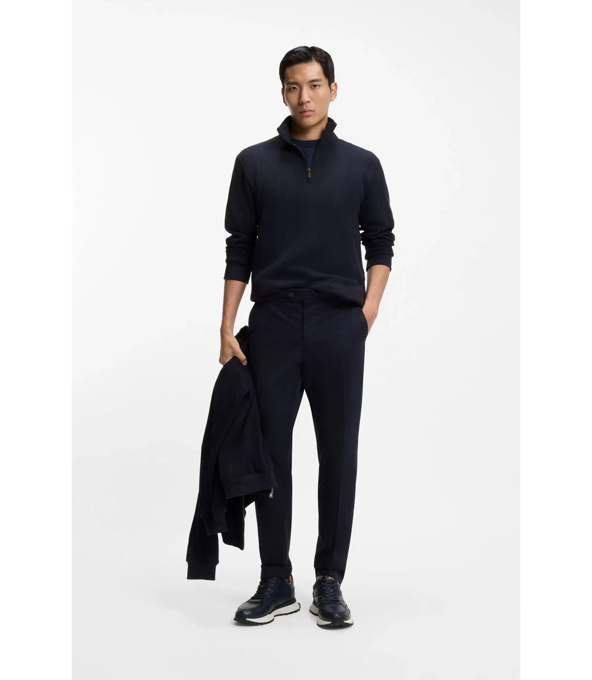 Boss Cotton Blend Zipper Neck Sweatshirt With Waffle Structure Dark Blue