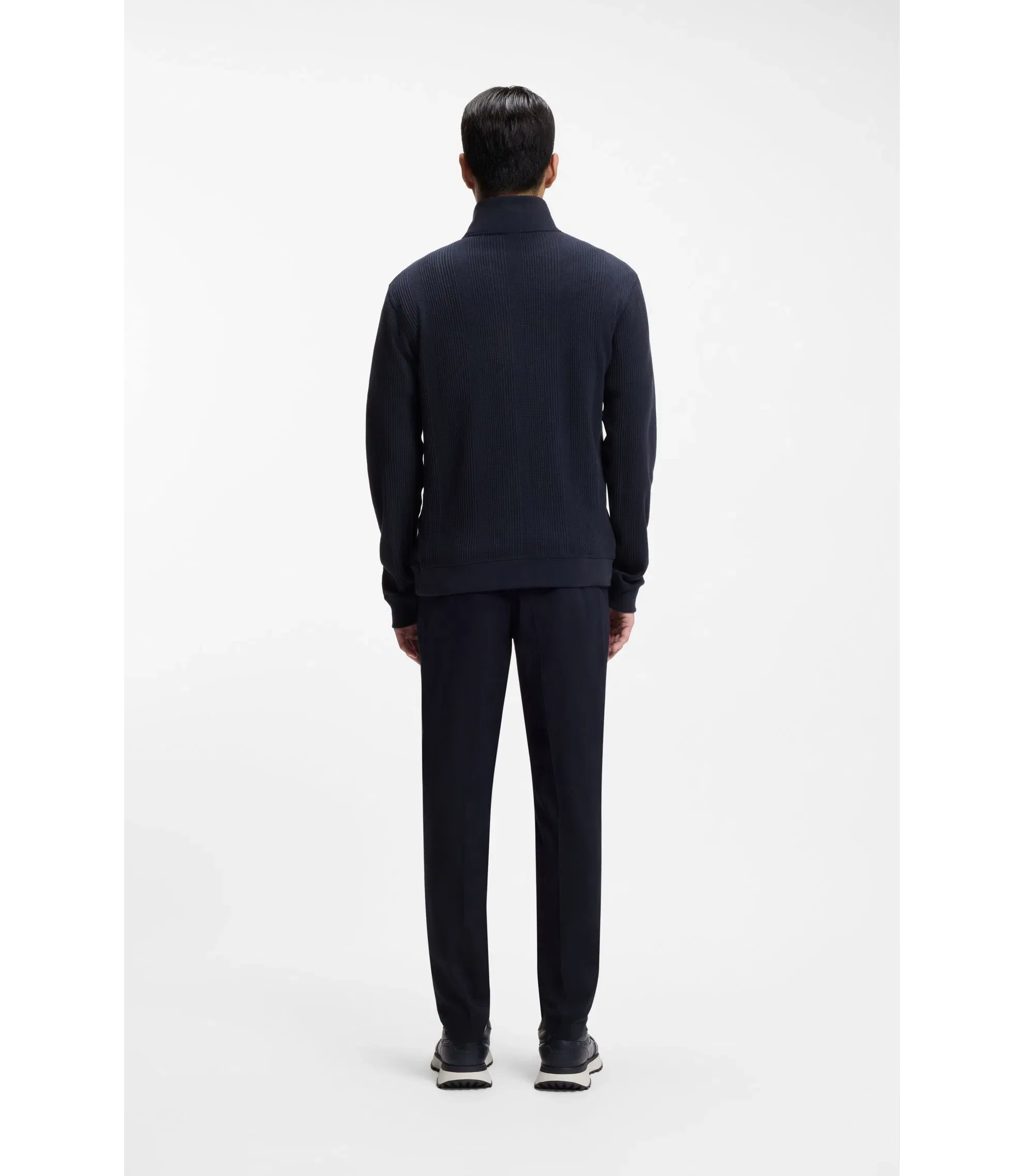 Boss Cotton Blend Zipper Neck Sweatshirt With Waffle Structure Dark Blue