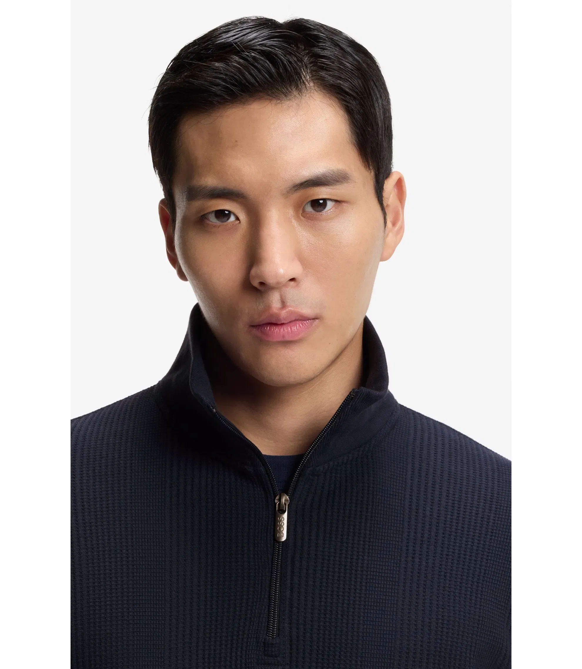 Boss Cotton Blend Zipper Neck Sweatshirt With Waffle Structure Dark Blue