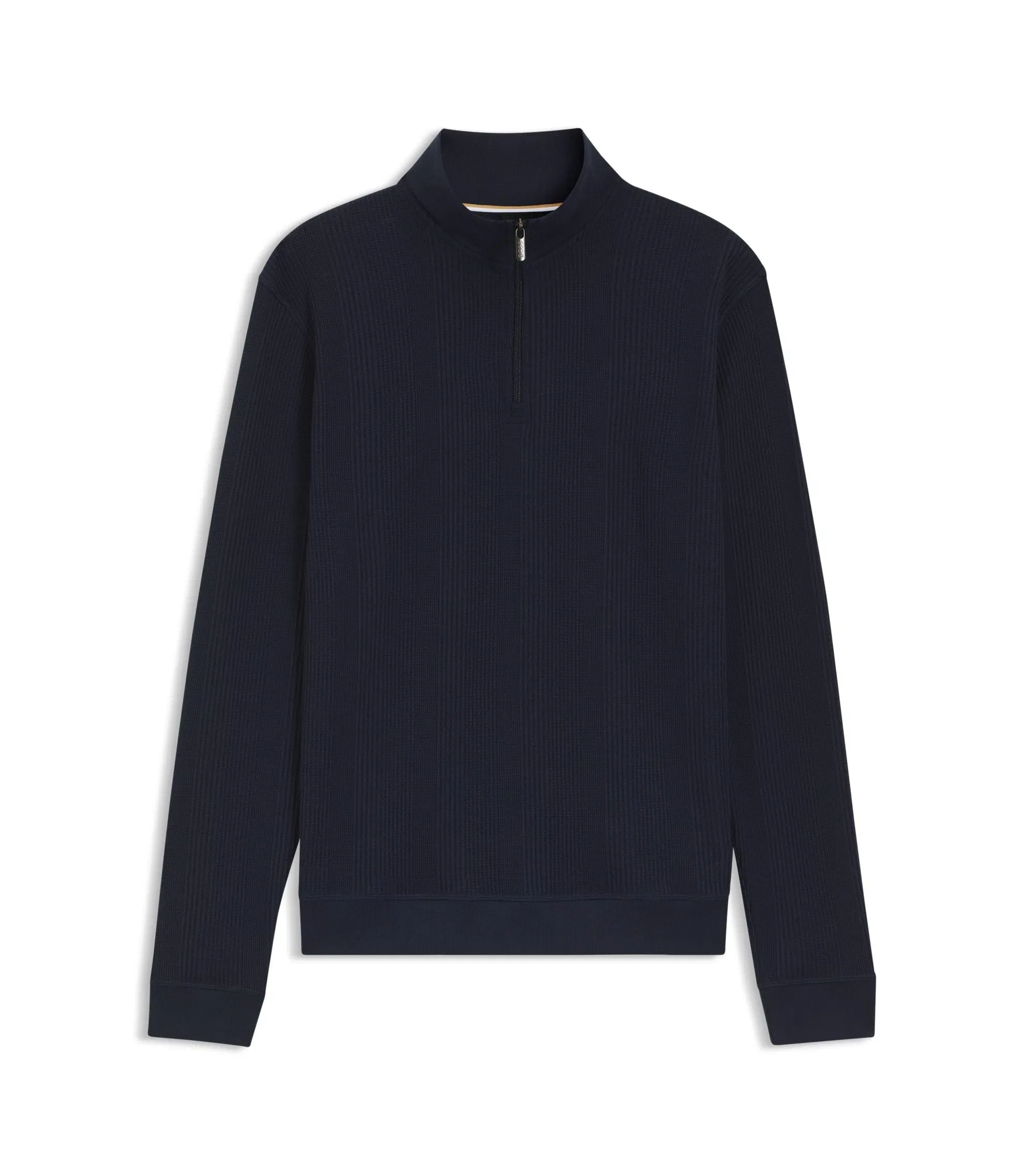 Boss Cotton Blend Zipper Neck Sweatshirt With Waffle Structure Dark Blue