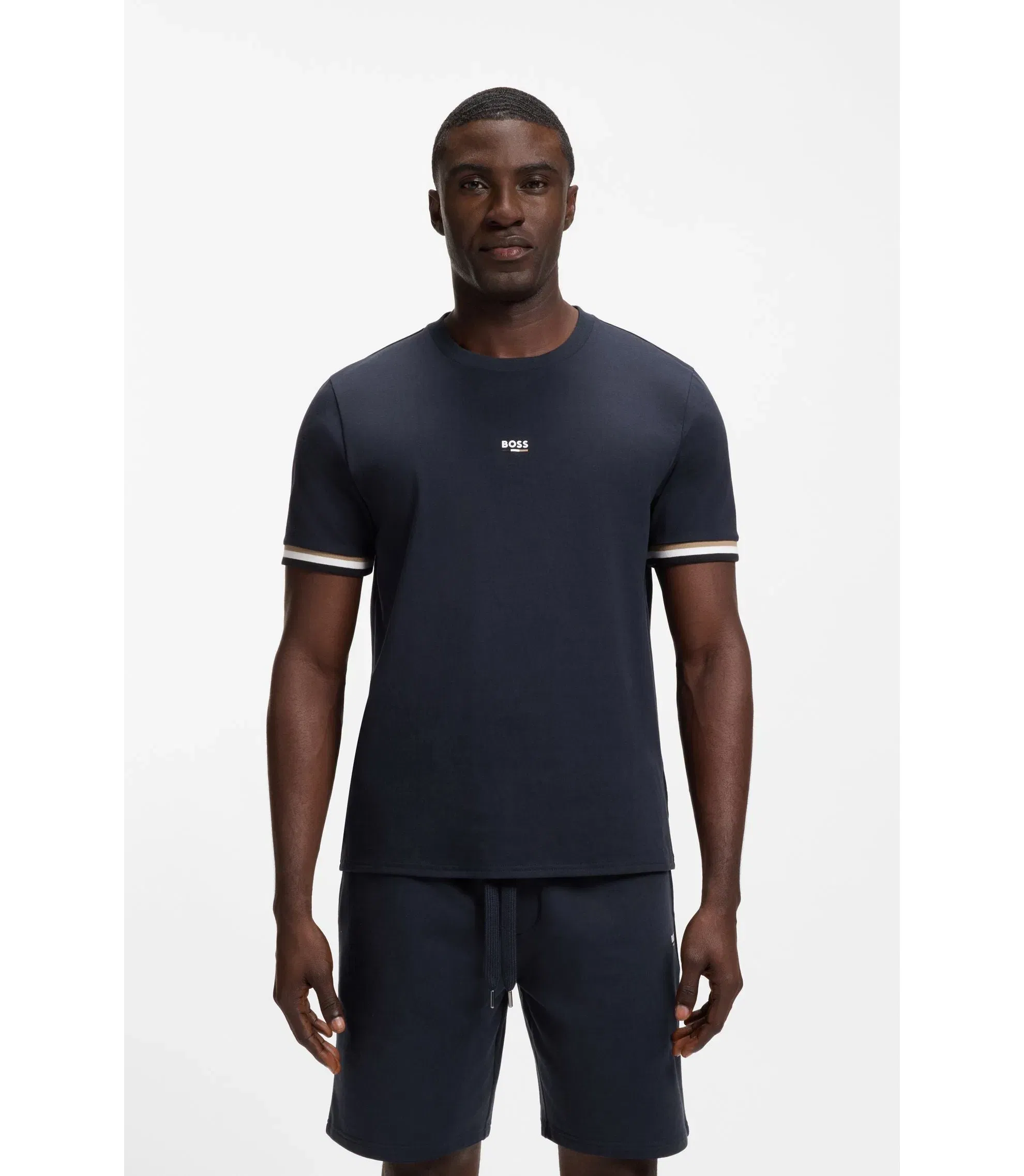 Boss Cotton Blend T-Shirt With Logo And Signature Stripes Dark Blue