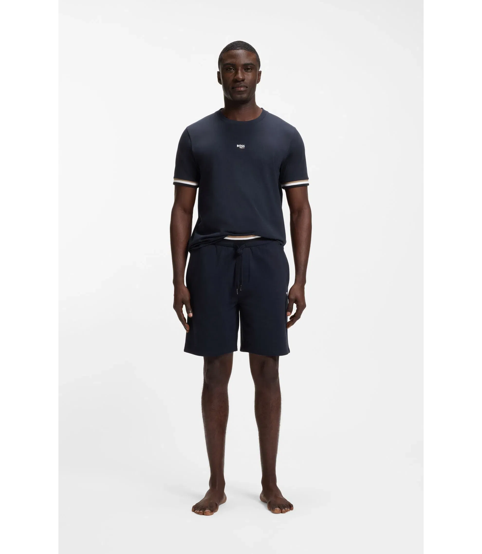 Boss Cotton Blend T-Shirt With Logo And Signature Stripes Dark Blue