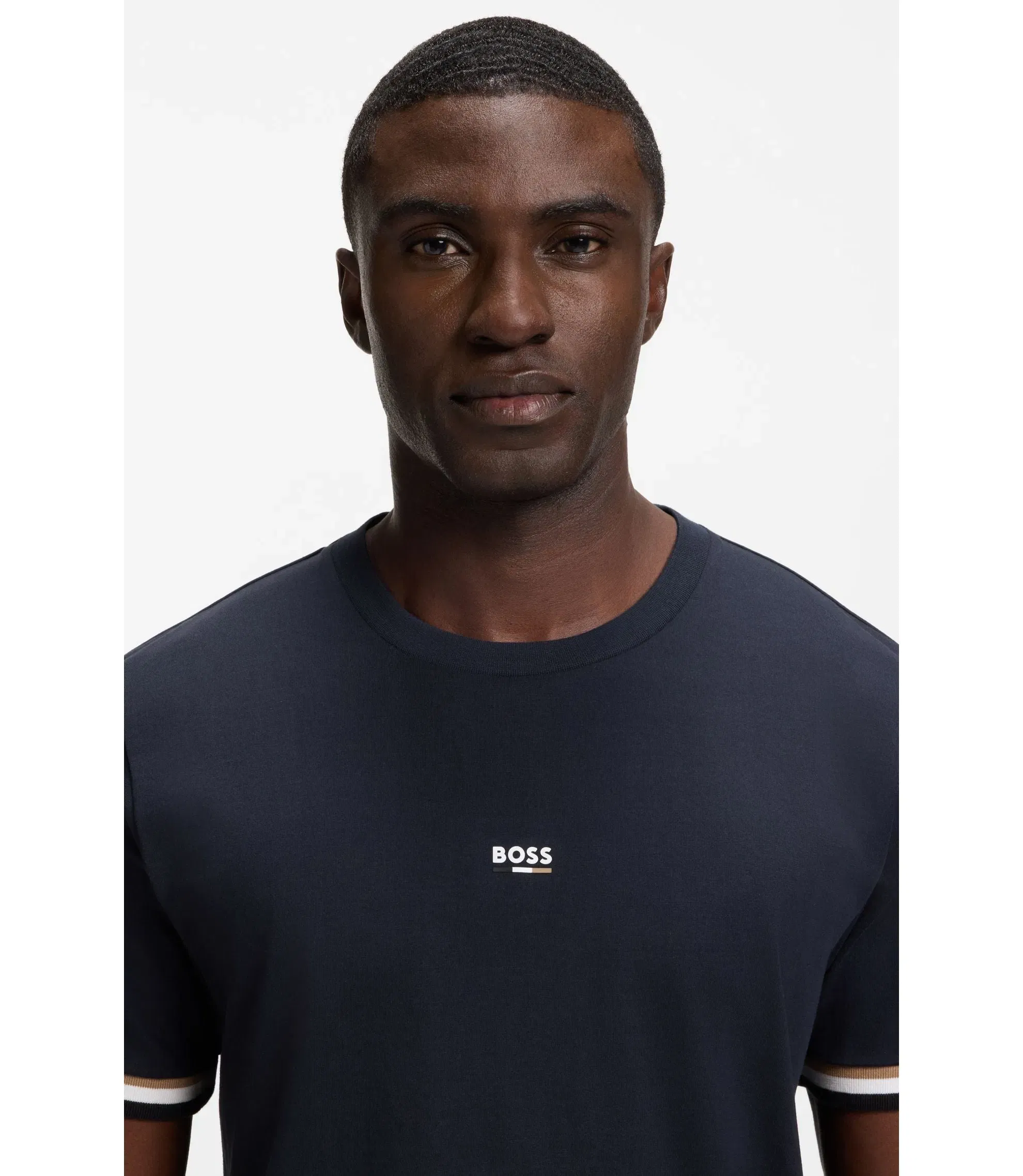 Boss Cotton Blend T-Shirt With Logo And Signature Stripes Dark Blue