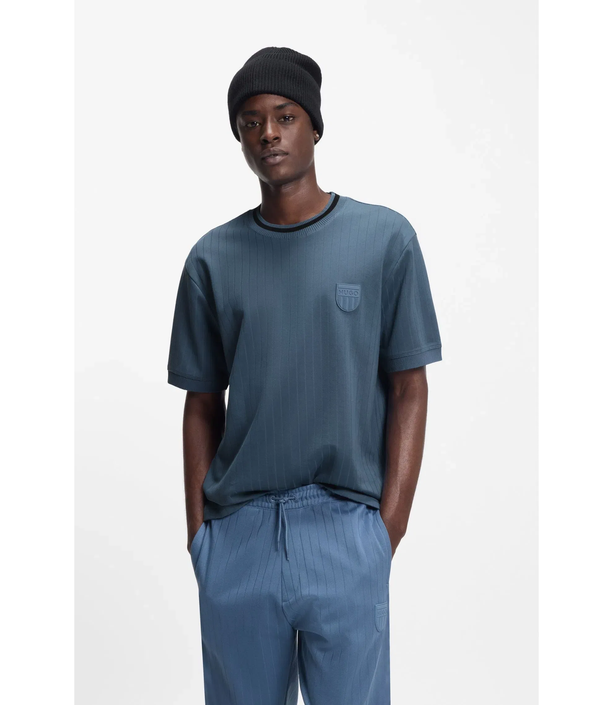 Hugo Cotton Blend T-Shirt With Drop Needle Stripe Light Blue