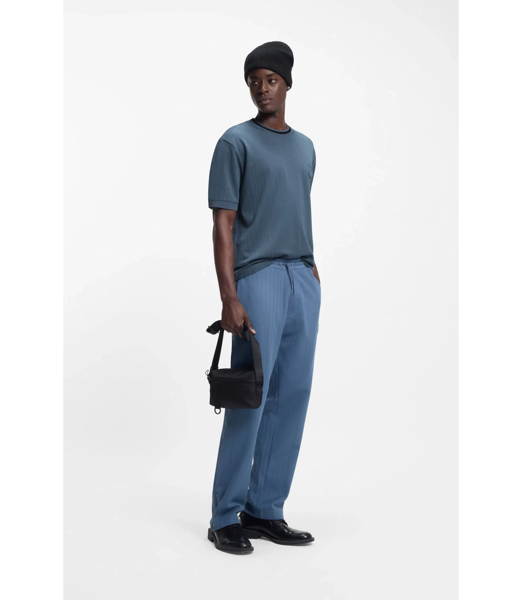 Hugo Cotton Blend T-Shirt With Drop Needle Stripe Light Blue