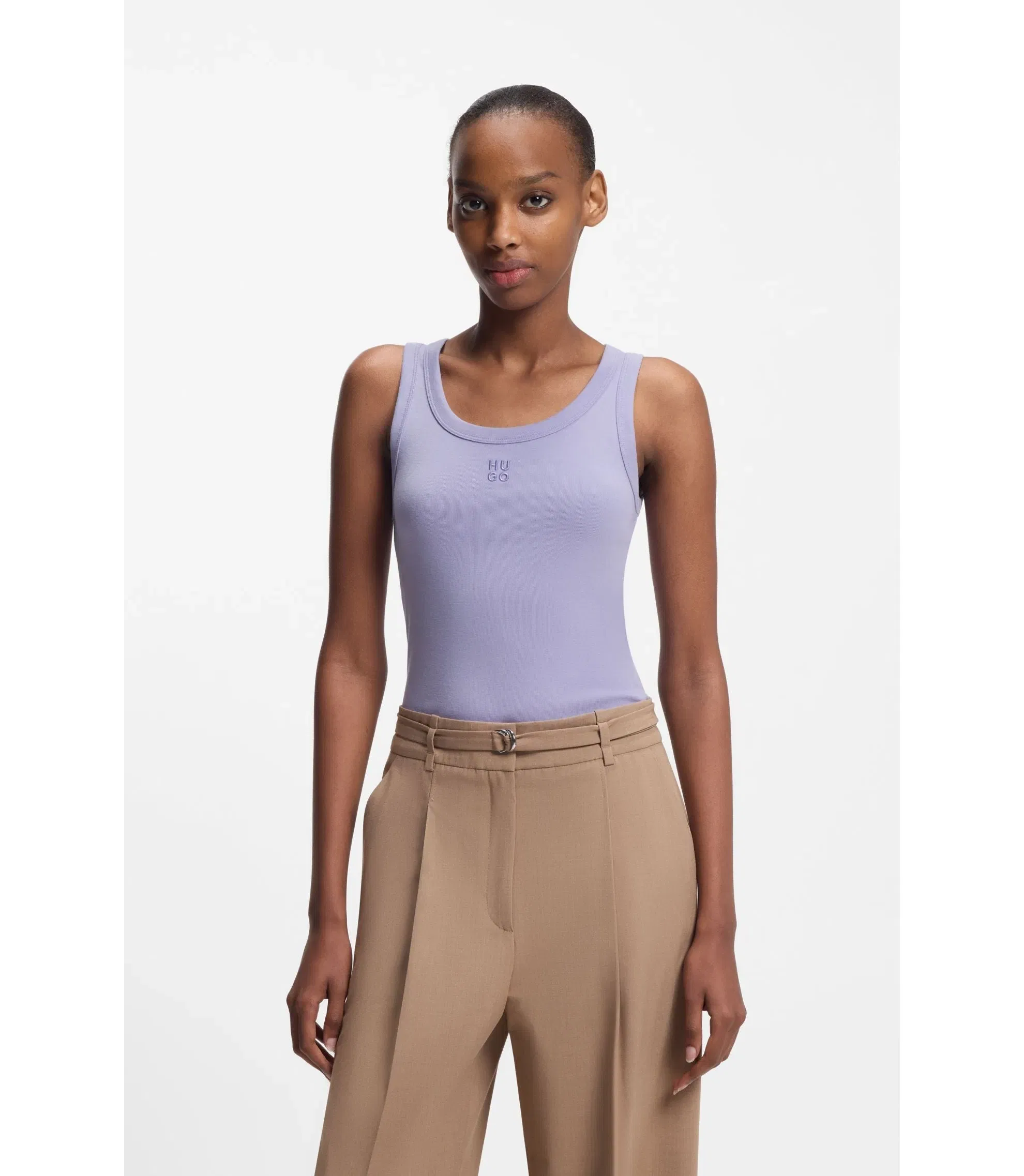 Hugo Cotton Blend Tank Top With Stacked Logo Embroidery Purple Women's