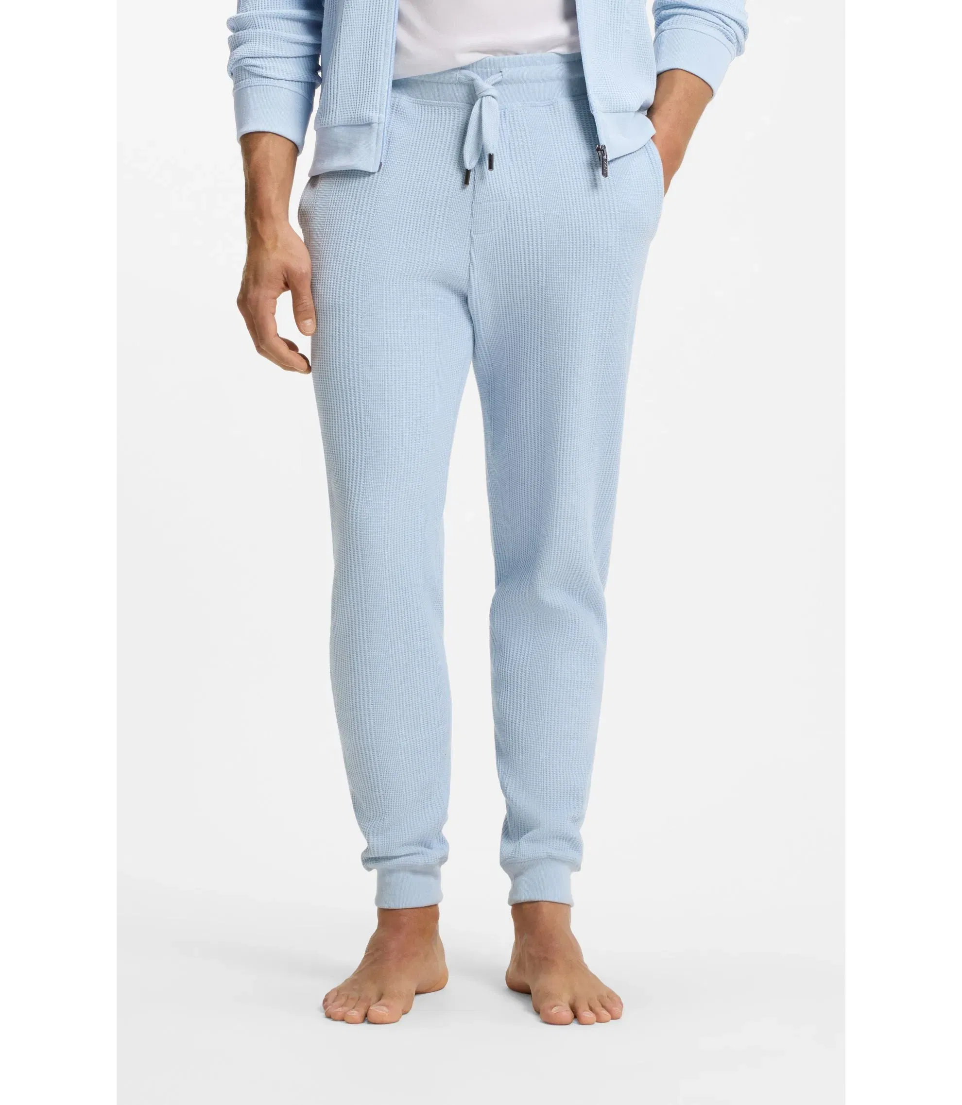Boss Cotton Blend Sweatpants With Waffle Structure Light Blue
