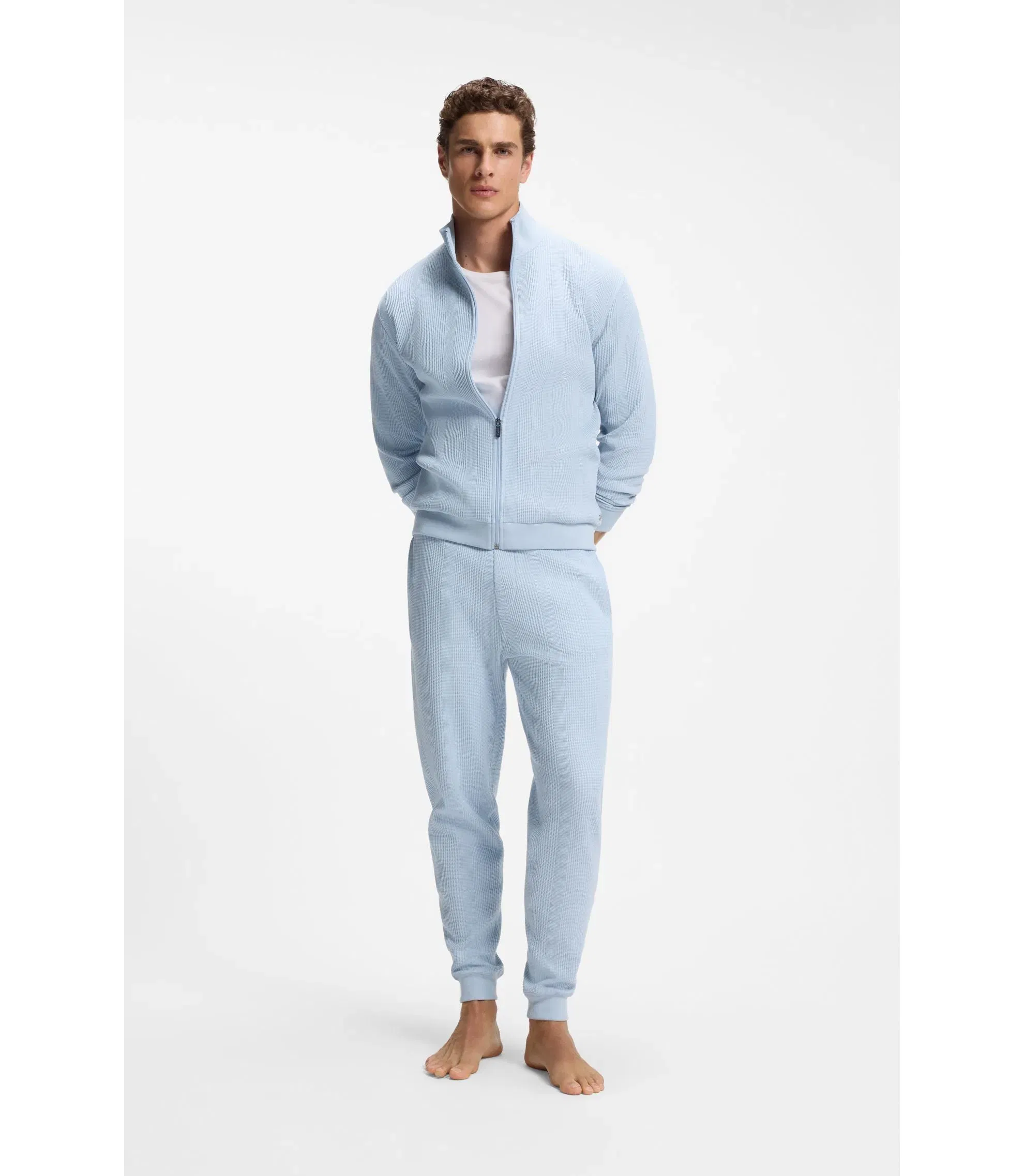 Boss Cotton Blend Sweatpants With Waffle Structure Light Blue