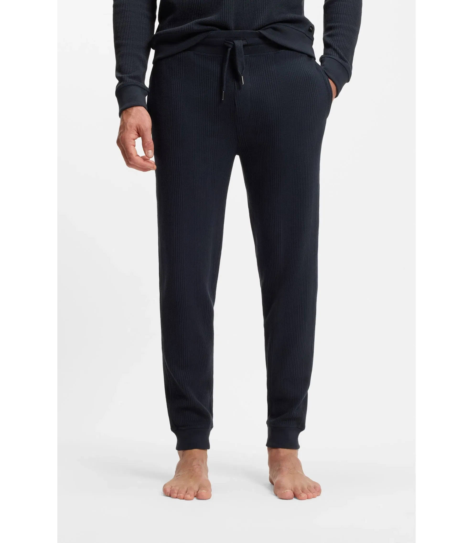 Boss Cotton Blend Sweatpants With Waffle Structure Dark Blue
