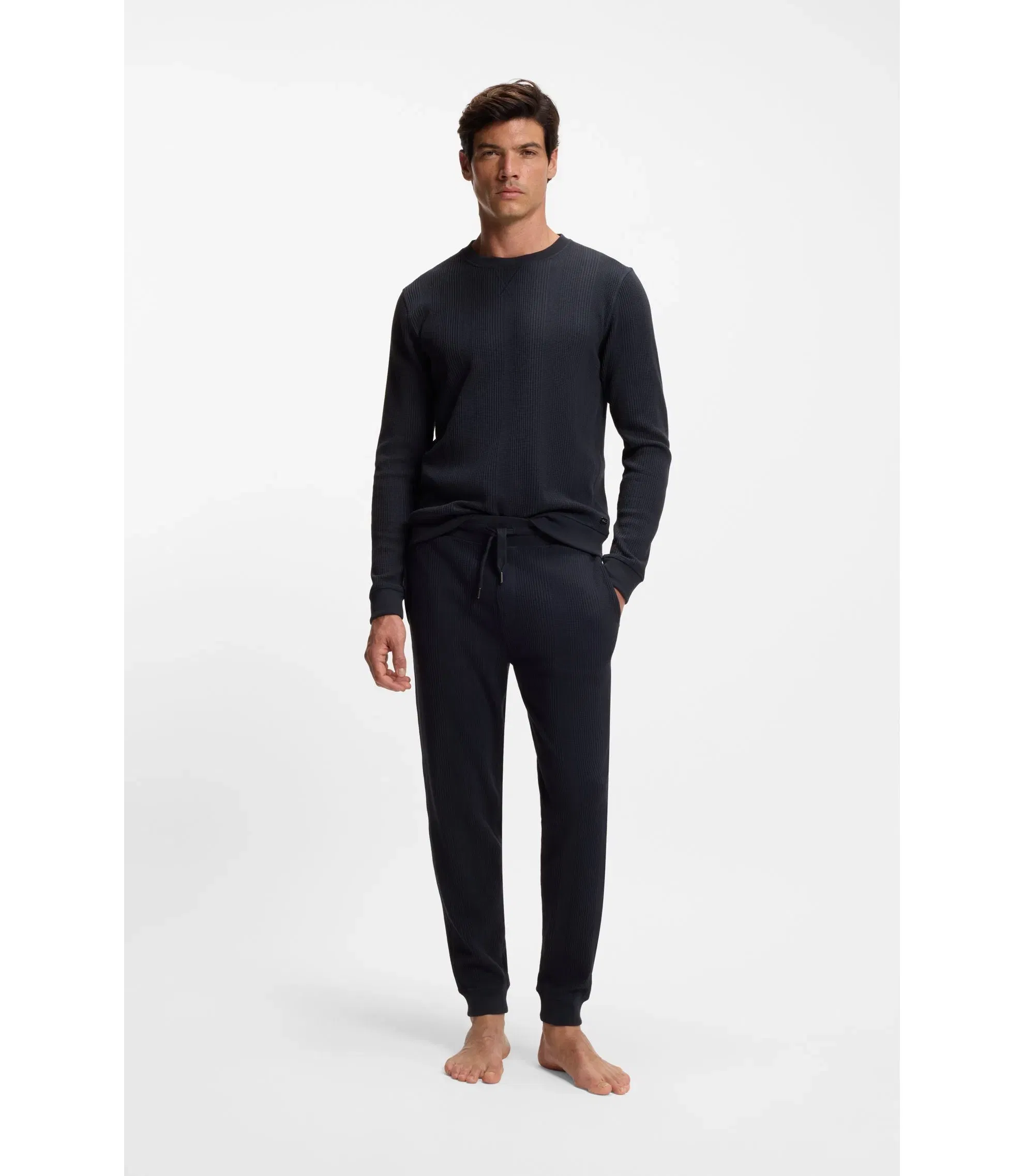 Boss Cotton Blend Sweatpants With Waffle Structure Dark Blue