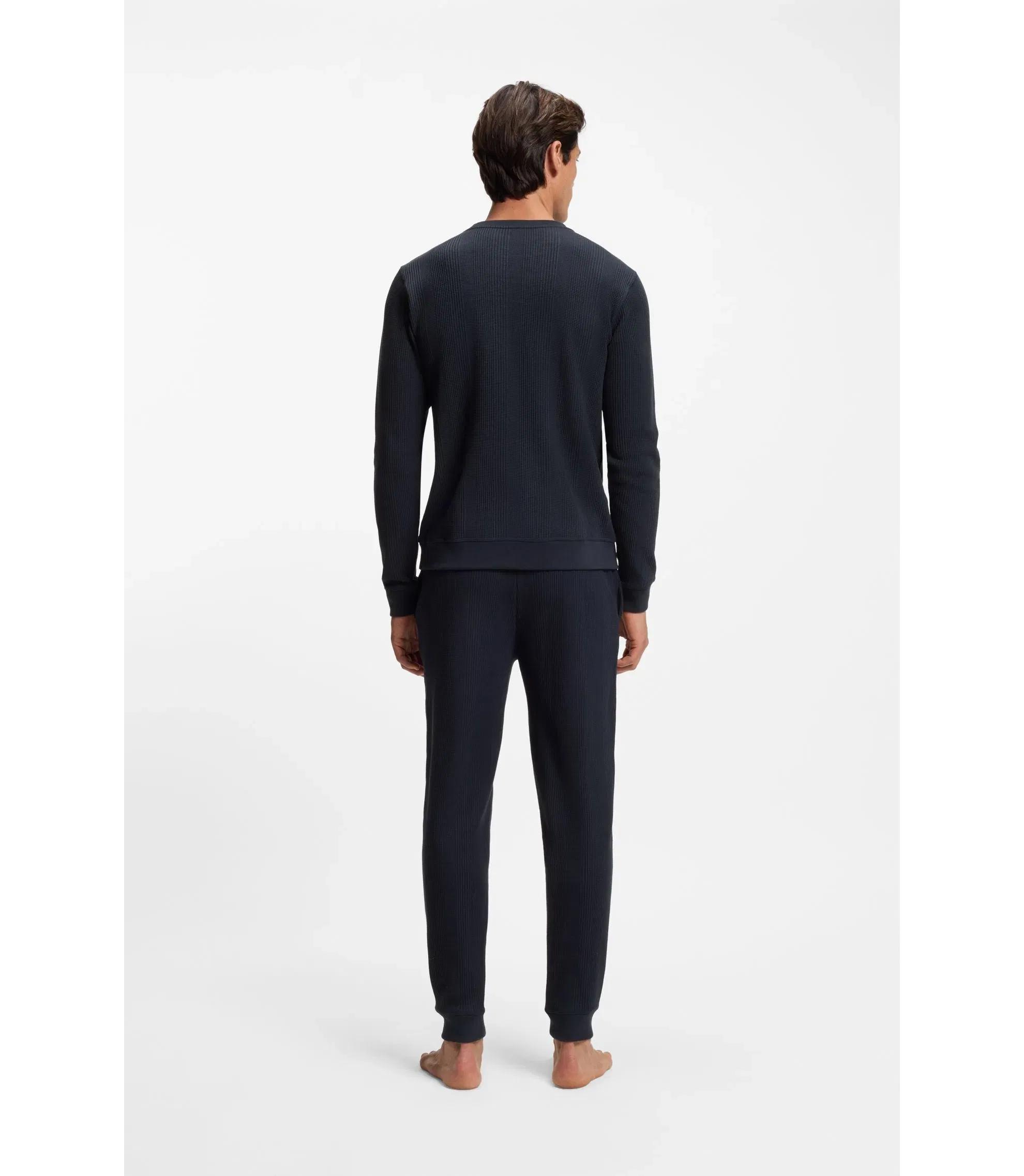 Boss Cotton Blend Sweatpants With Waffle Structure Dark Blue