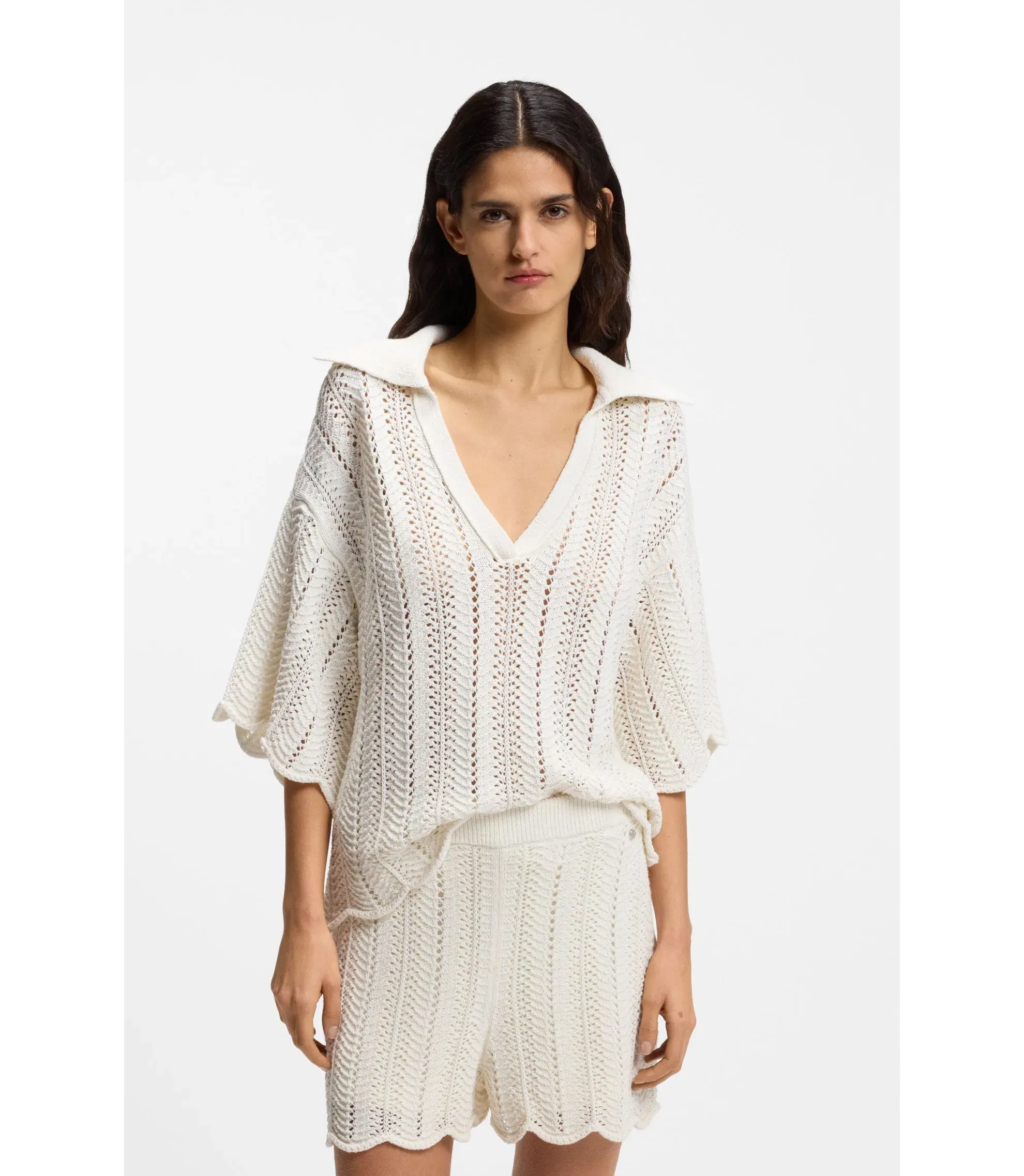 Boss Cotton Blend Sweater With Knitted Wave Structure White Women's