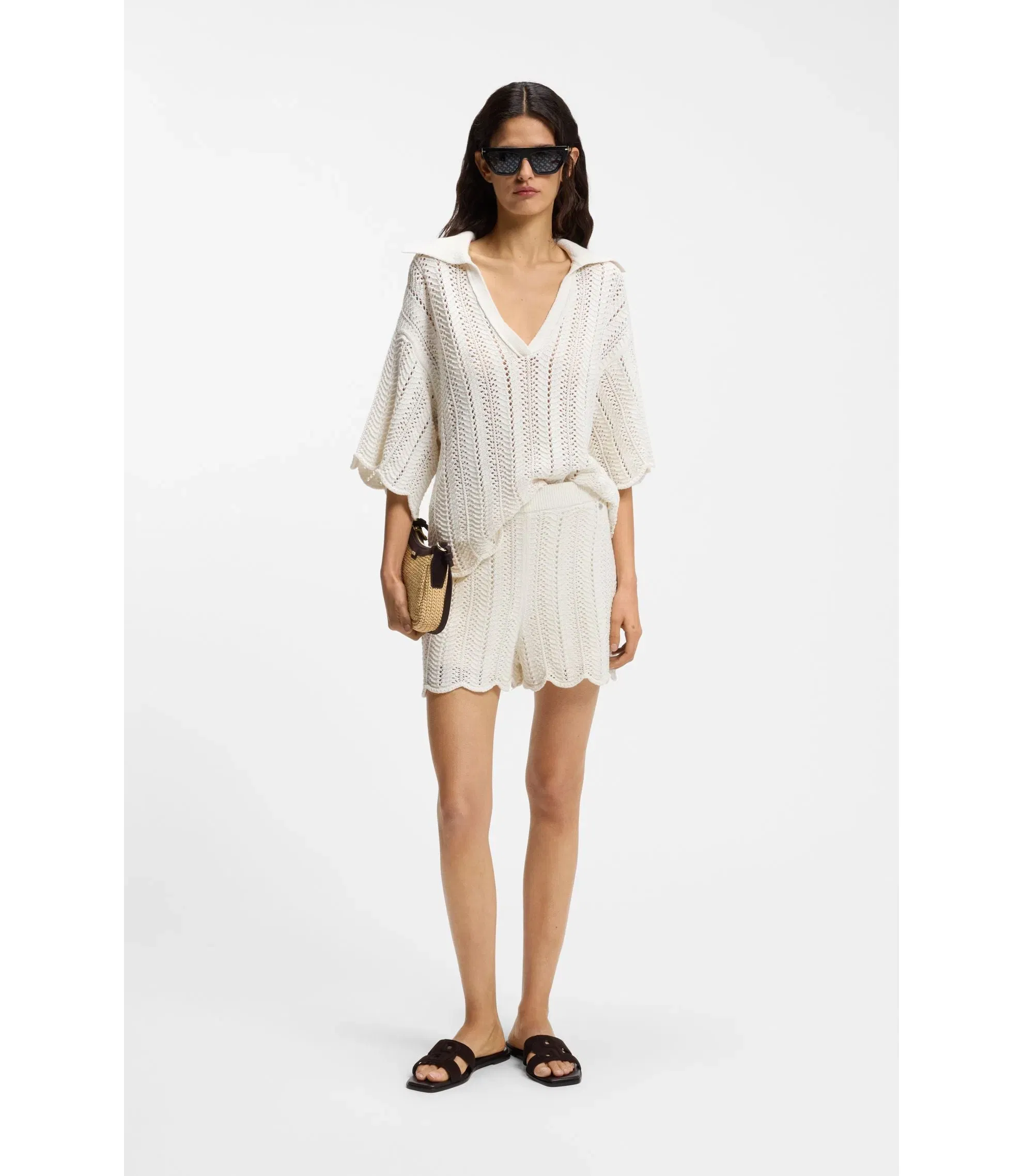 Boss Cotton Blend Sweater With Knitted Wave Structure White Women's