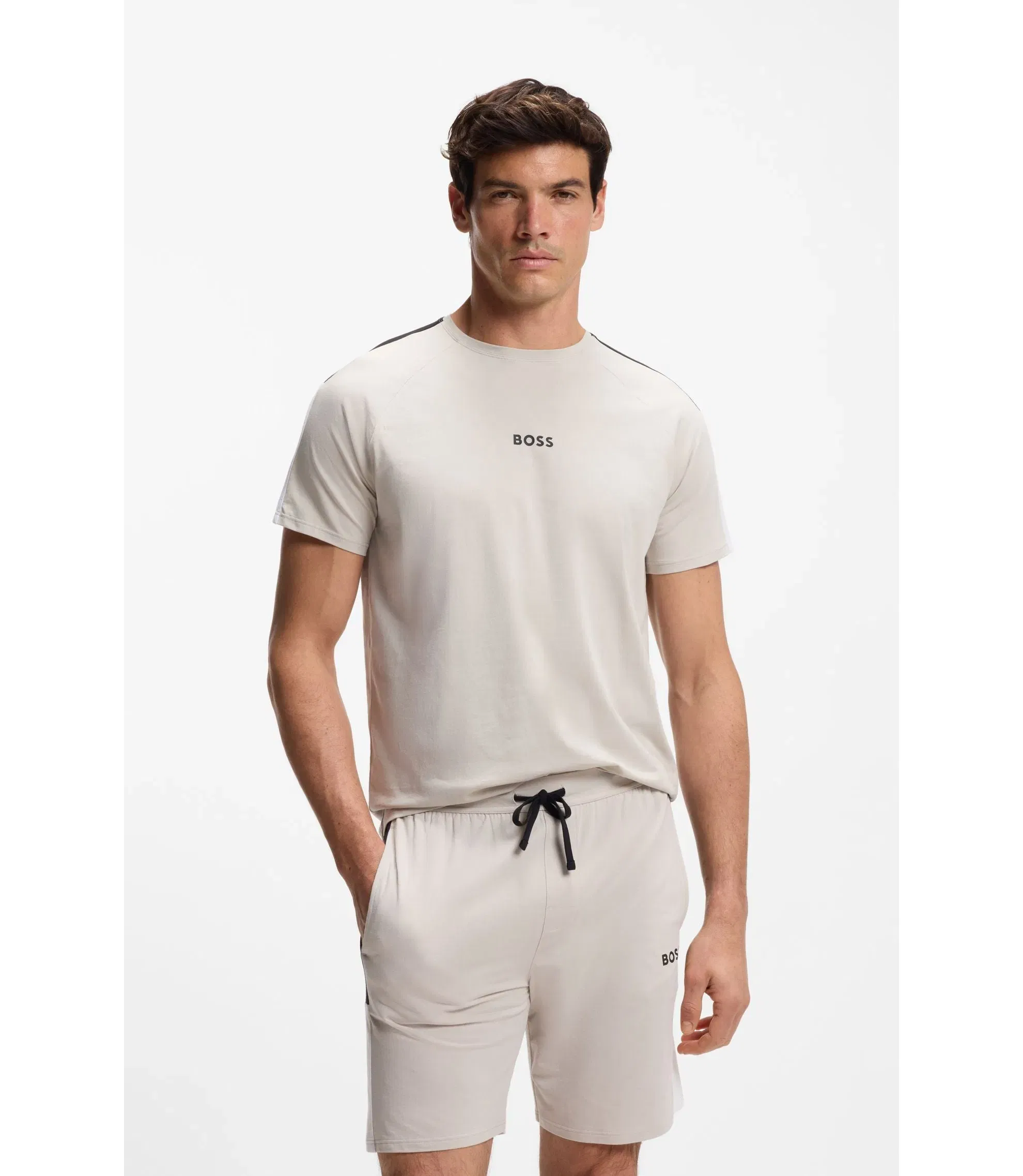 Boss Cotton Blend Pajama T-Shirt With Color Blocking Light Grey