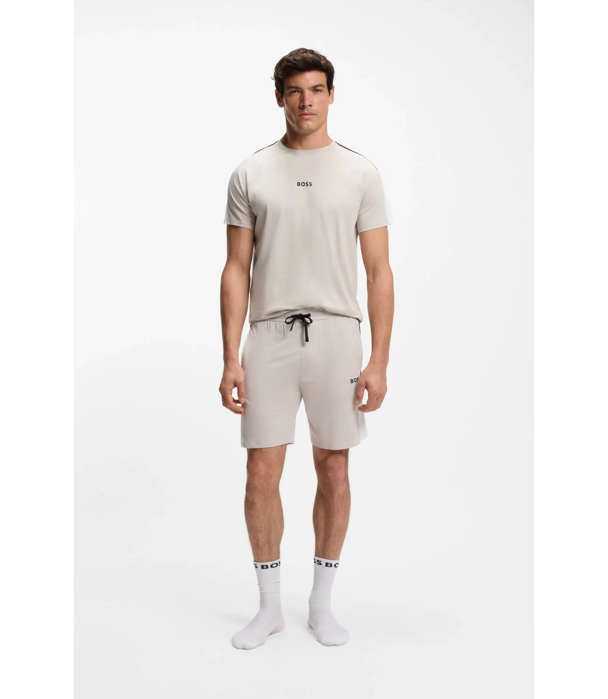 Boss Cotton Blend Pajama T-Shirt With Color Blocking Light Grey