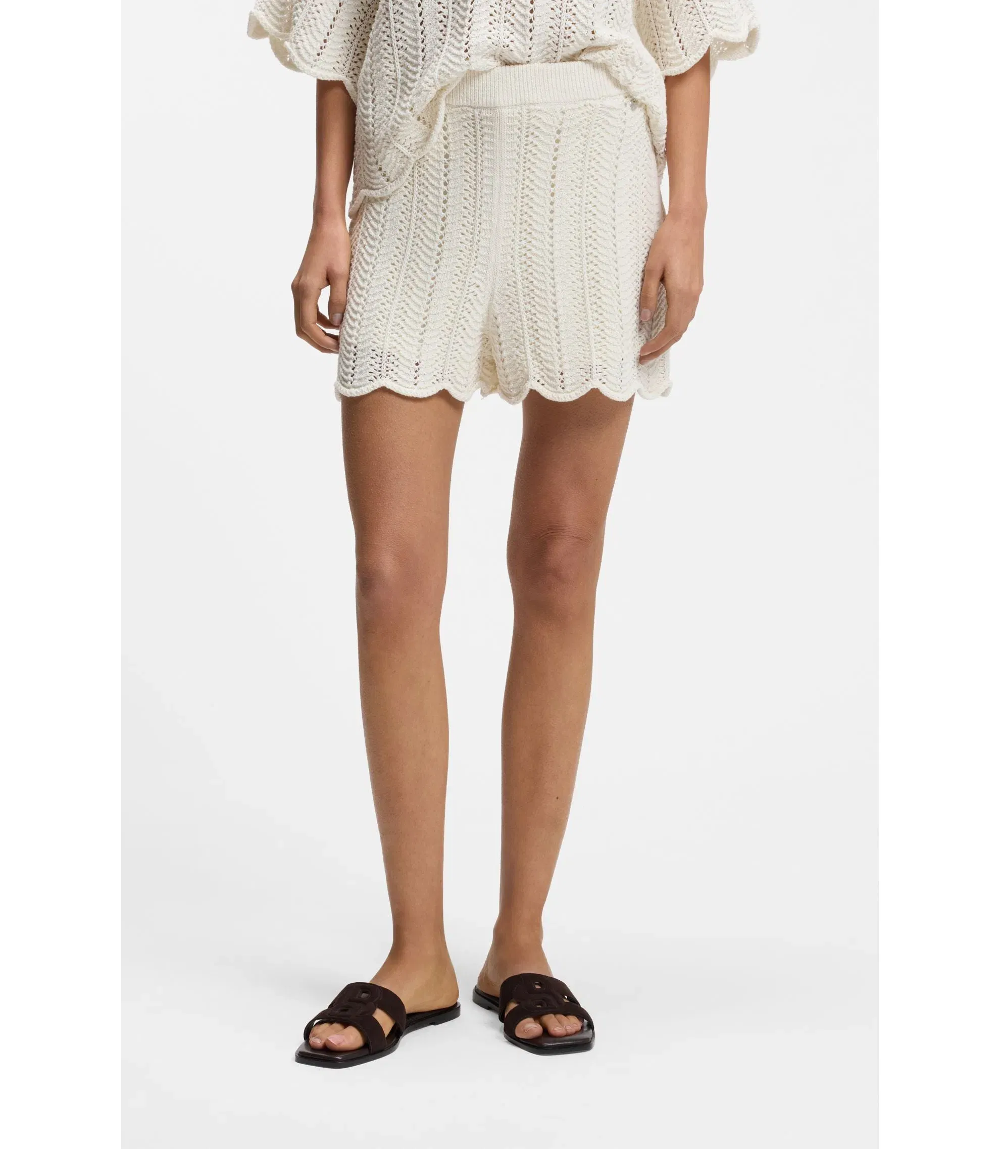 Boss Cotton Blend Knitted Shorts With Wave Structure White Women's