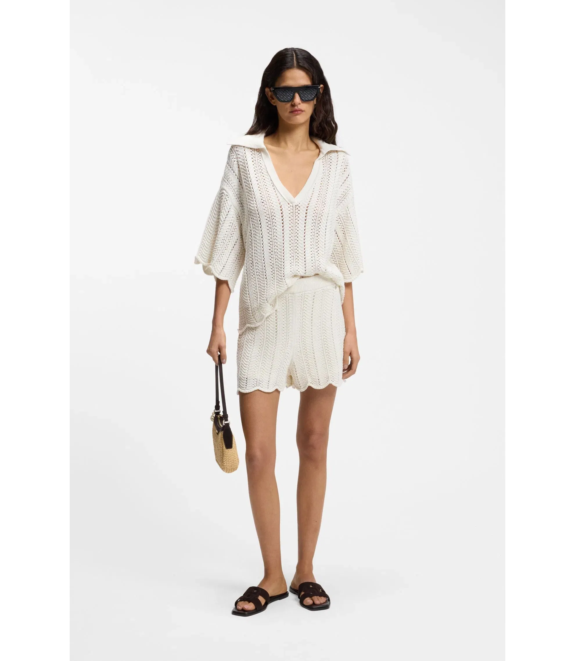 Boss Cotton Blend Knitted Shorts With Wave Structure White Women's