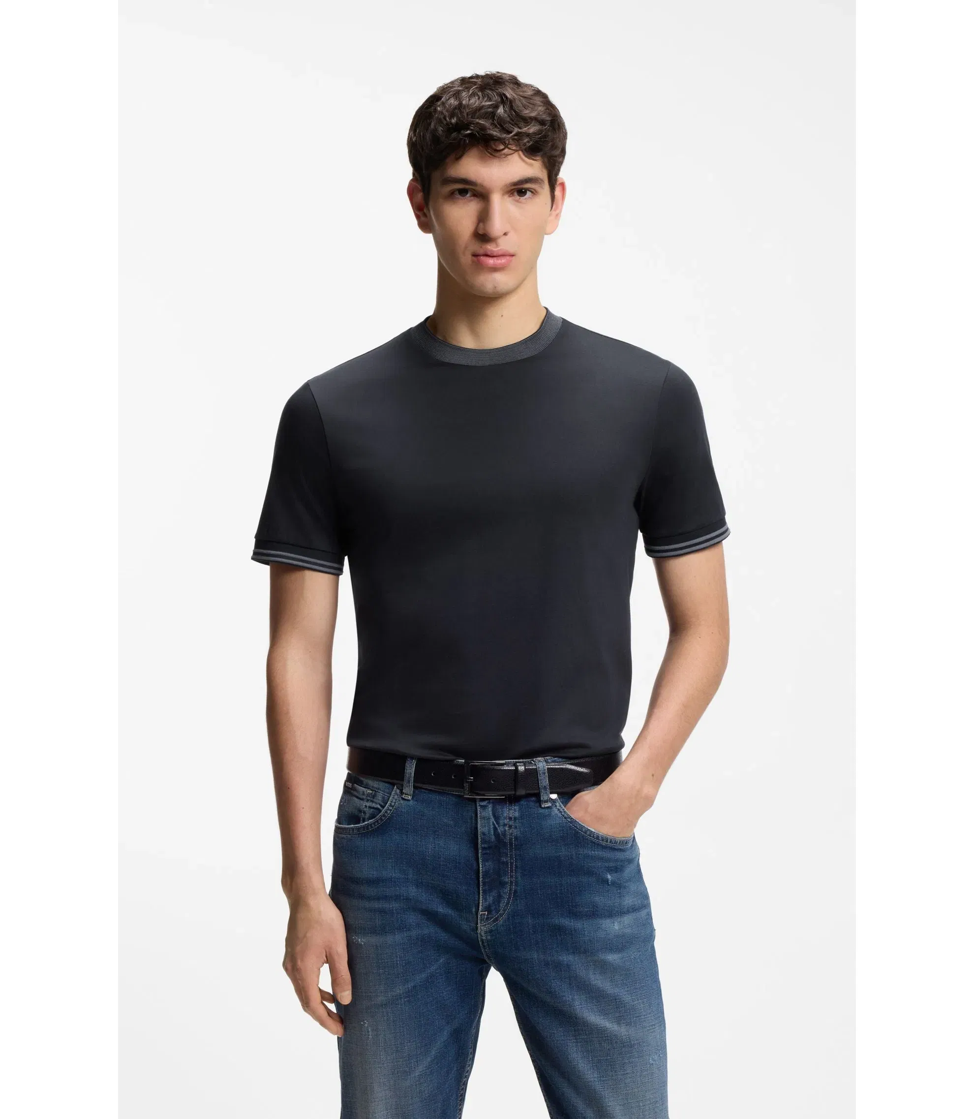 Boss Contrast Tipping Slim Fit T-Shirt In Mercerised Cotton Dark Blue