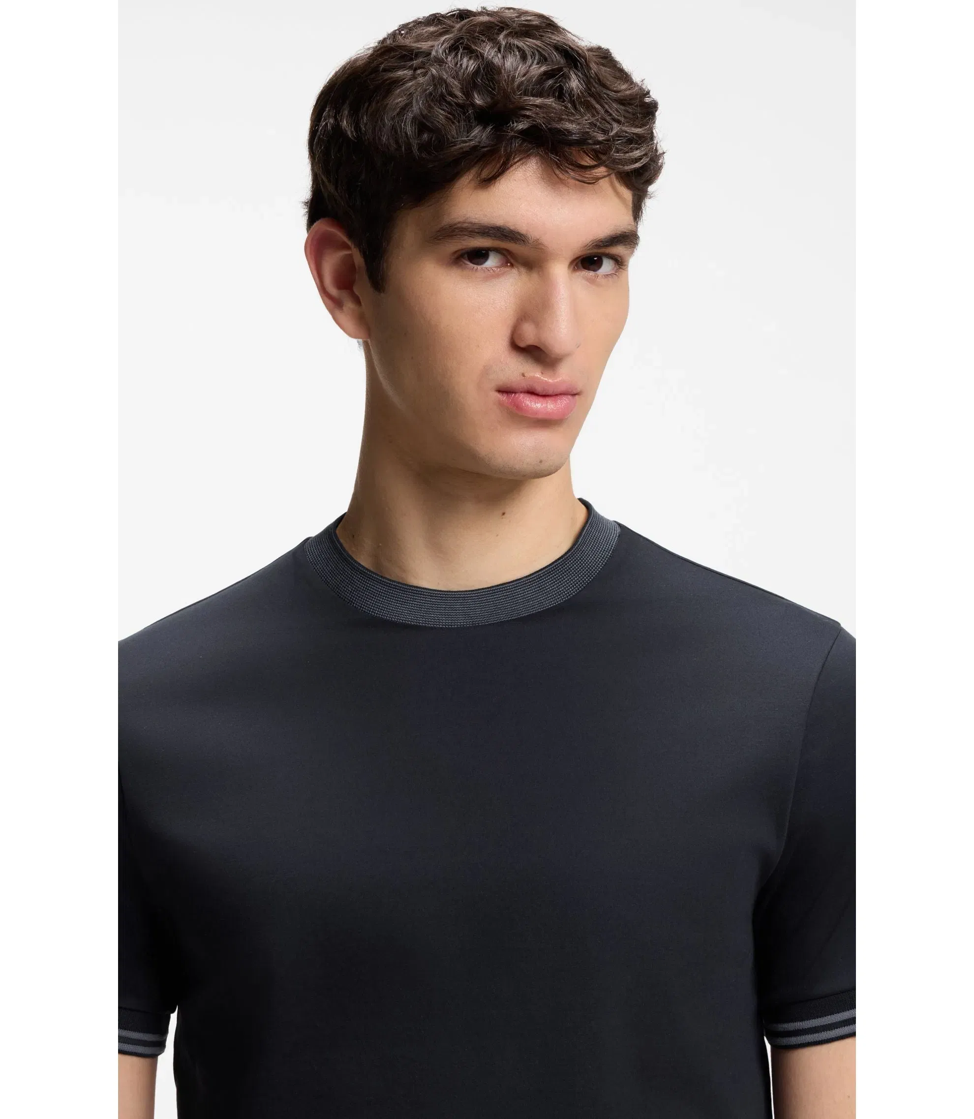 Boss Contrast Tipping Slim Fit T-Shirt In Mercerised Cotton Dark Blue