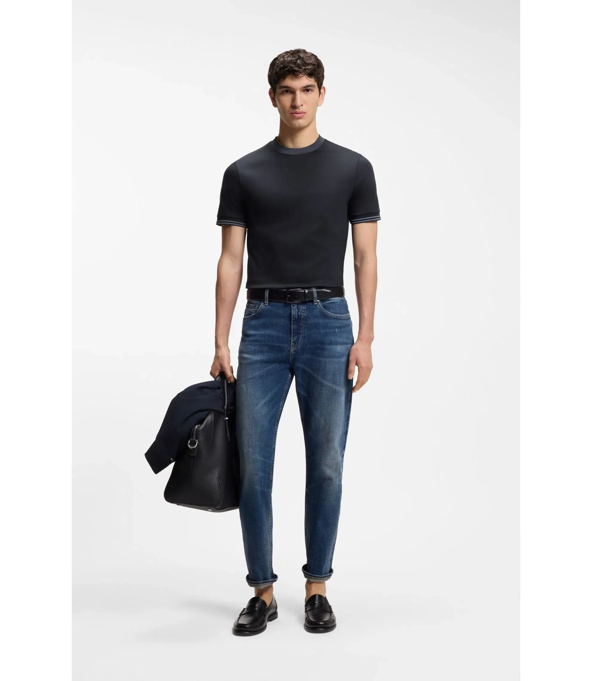Boss Contrast Tipping Slim Fit T-Shirt In Mercerised Cotton Dark Blue