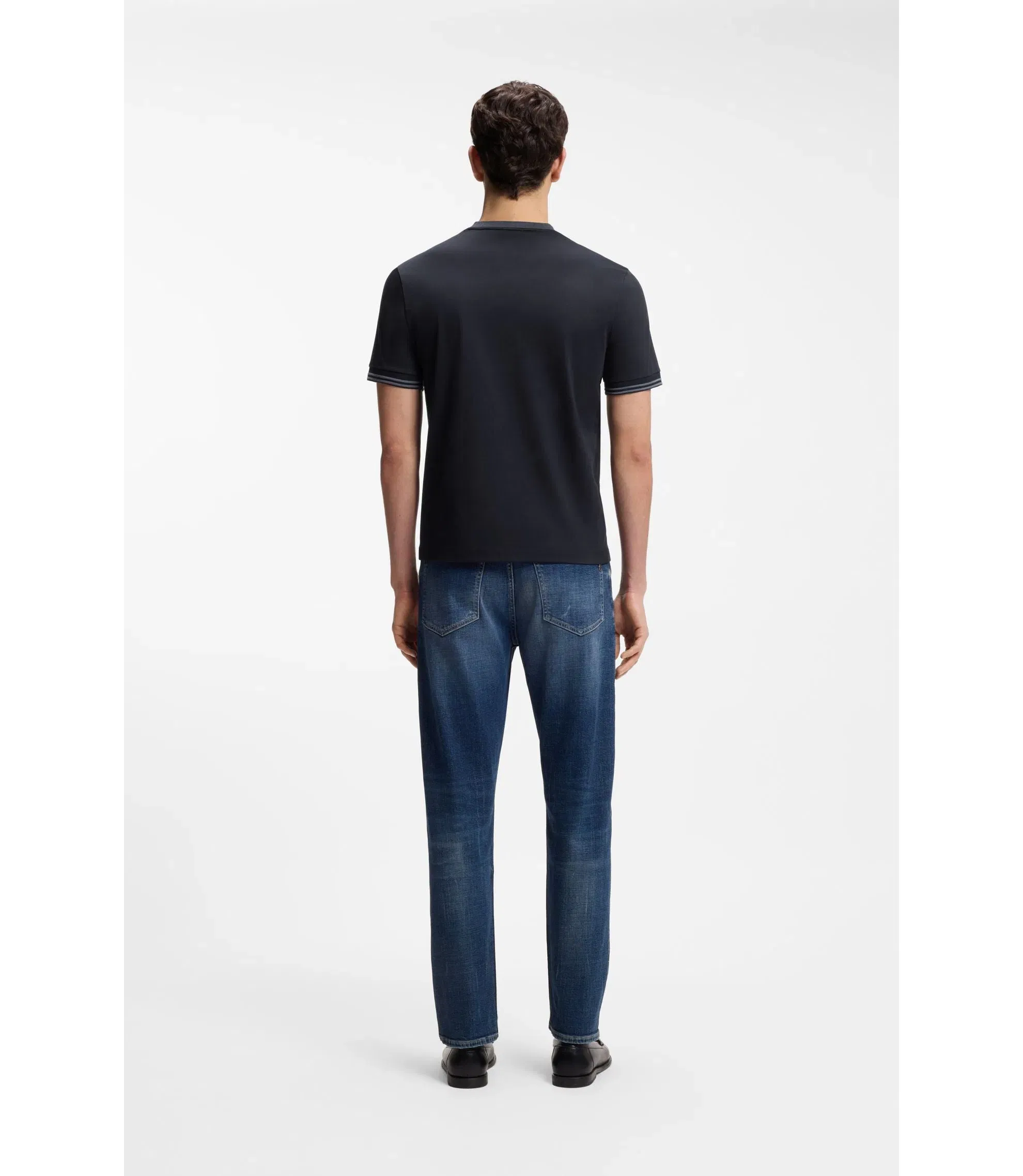 Boss Contrast Tipping Slim Fit T-Shirt In Mercerised Cotton Dark Blue