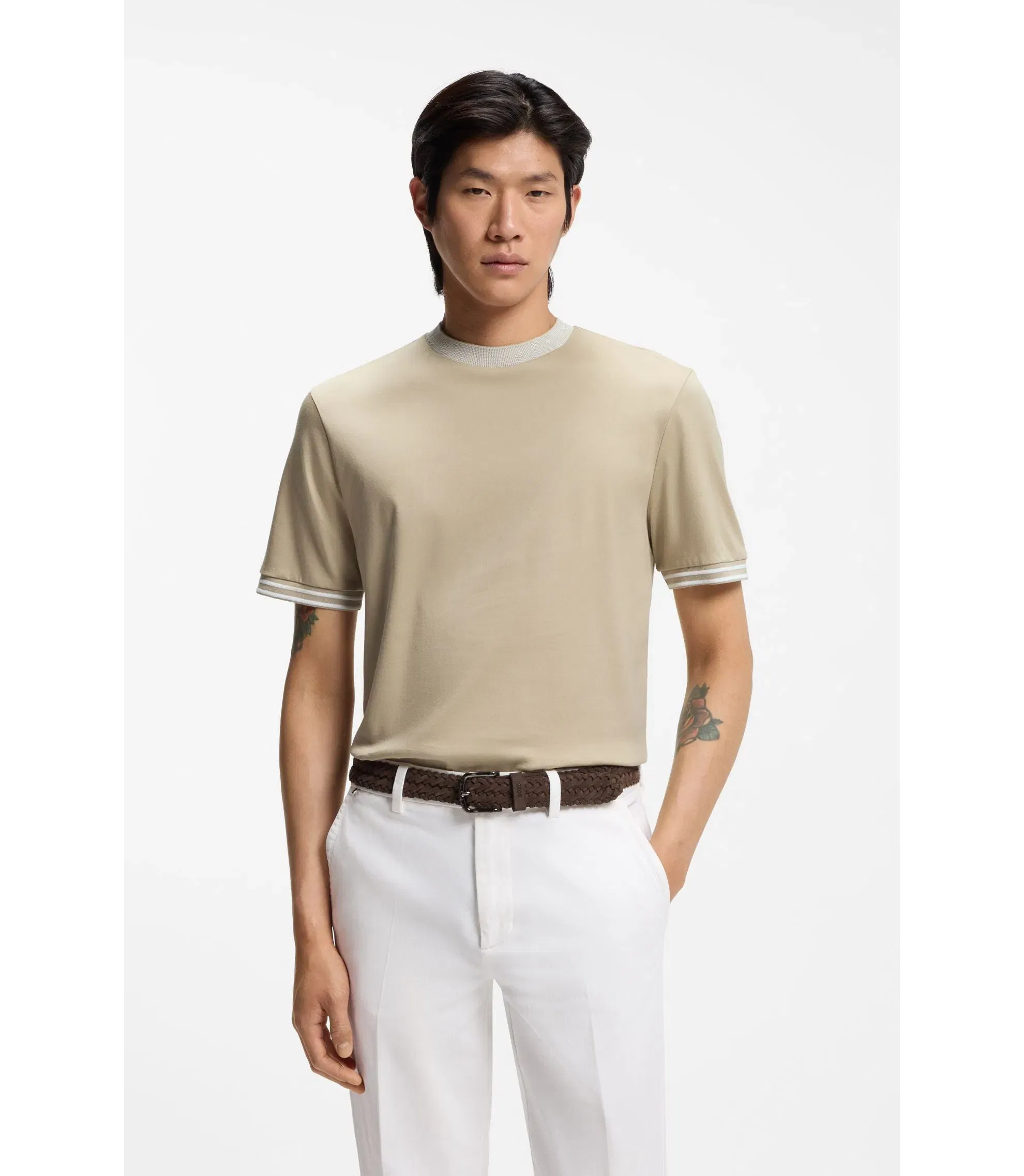 Boss Contrast Tipping Slim Fit T-Shirt In Mercerised Cotton Light Beige