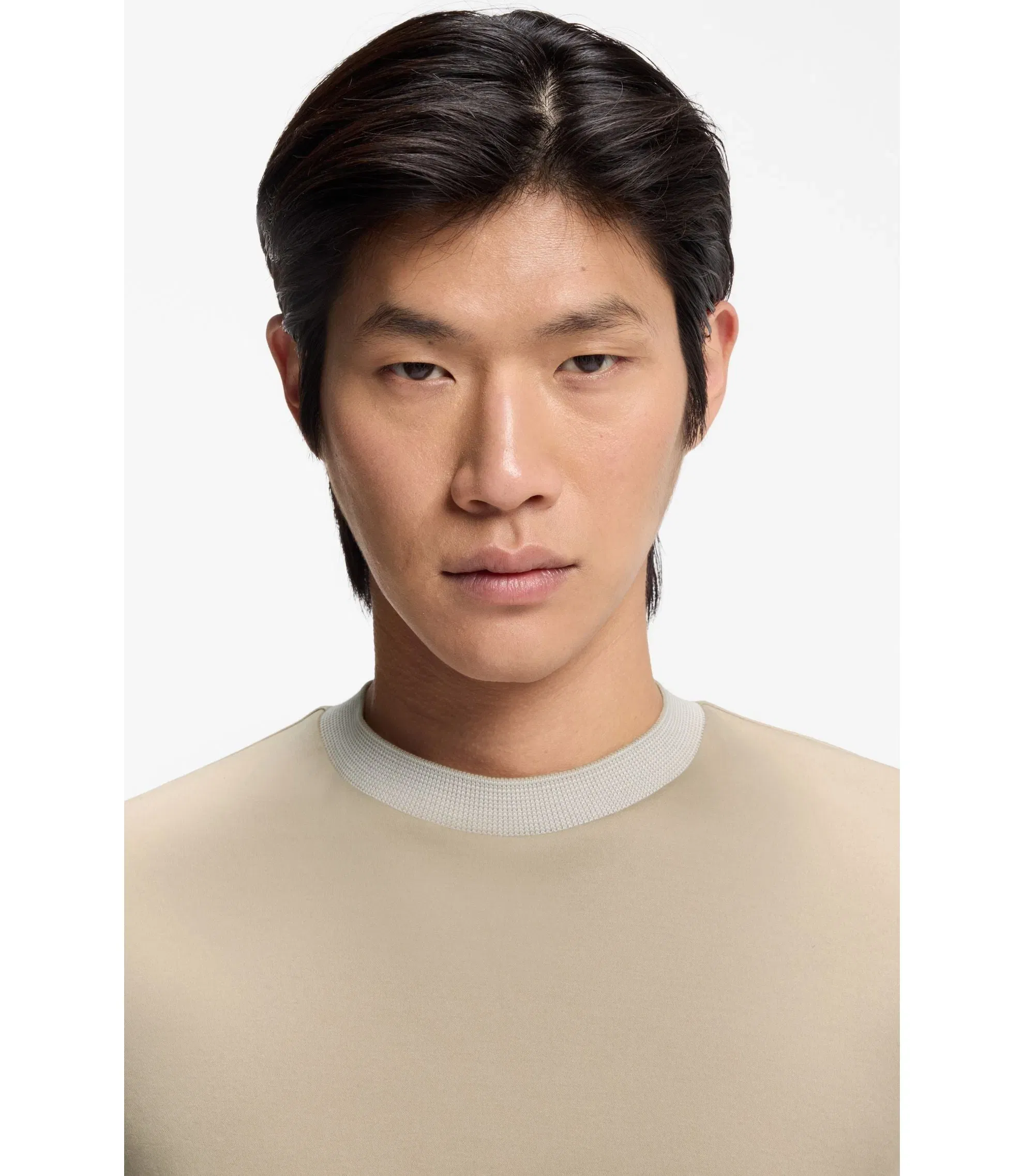 Boss Contrast Tipping Slim Fit T-Shirt In Mercerised Cotton Light Beige