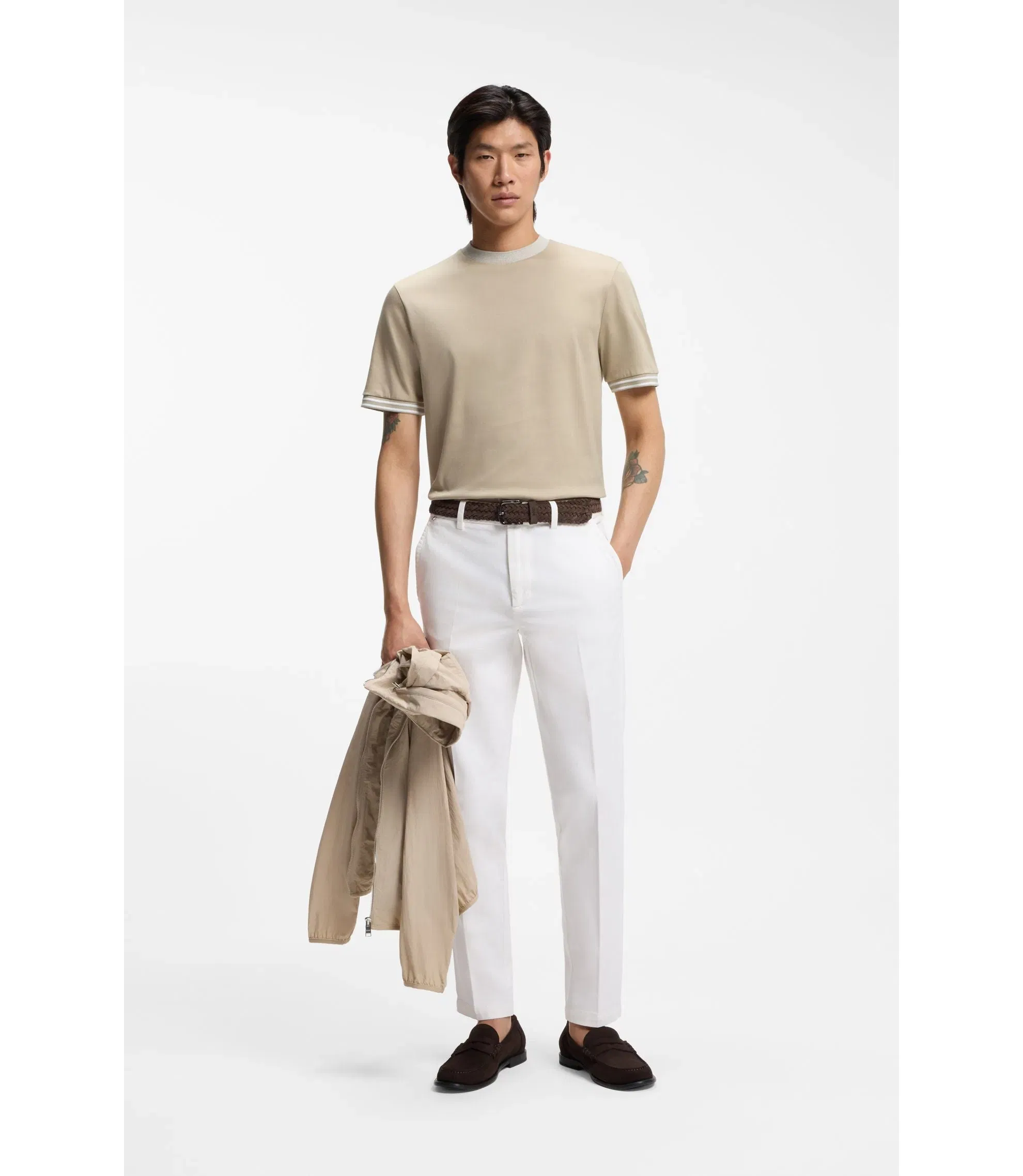 Boss Contrast Tipping Slim Fit T-Shirt In Mercerised Cotton Light Beige
