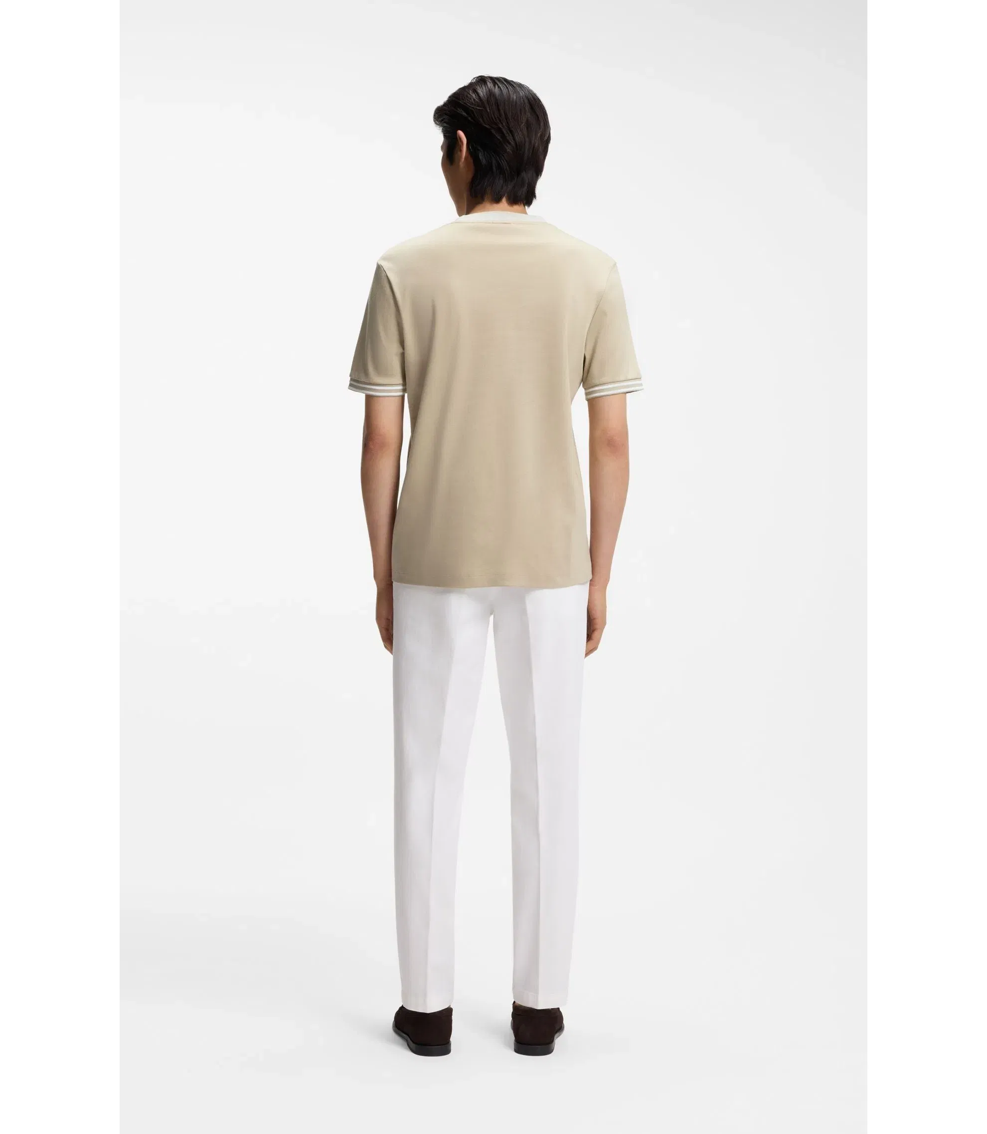 Boss Contrast Tipping Slim Fit T-Shirt In Mercerised Cotton Light Beige