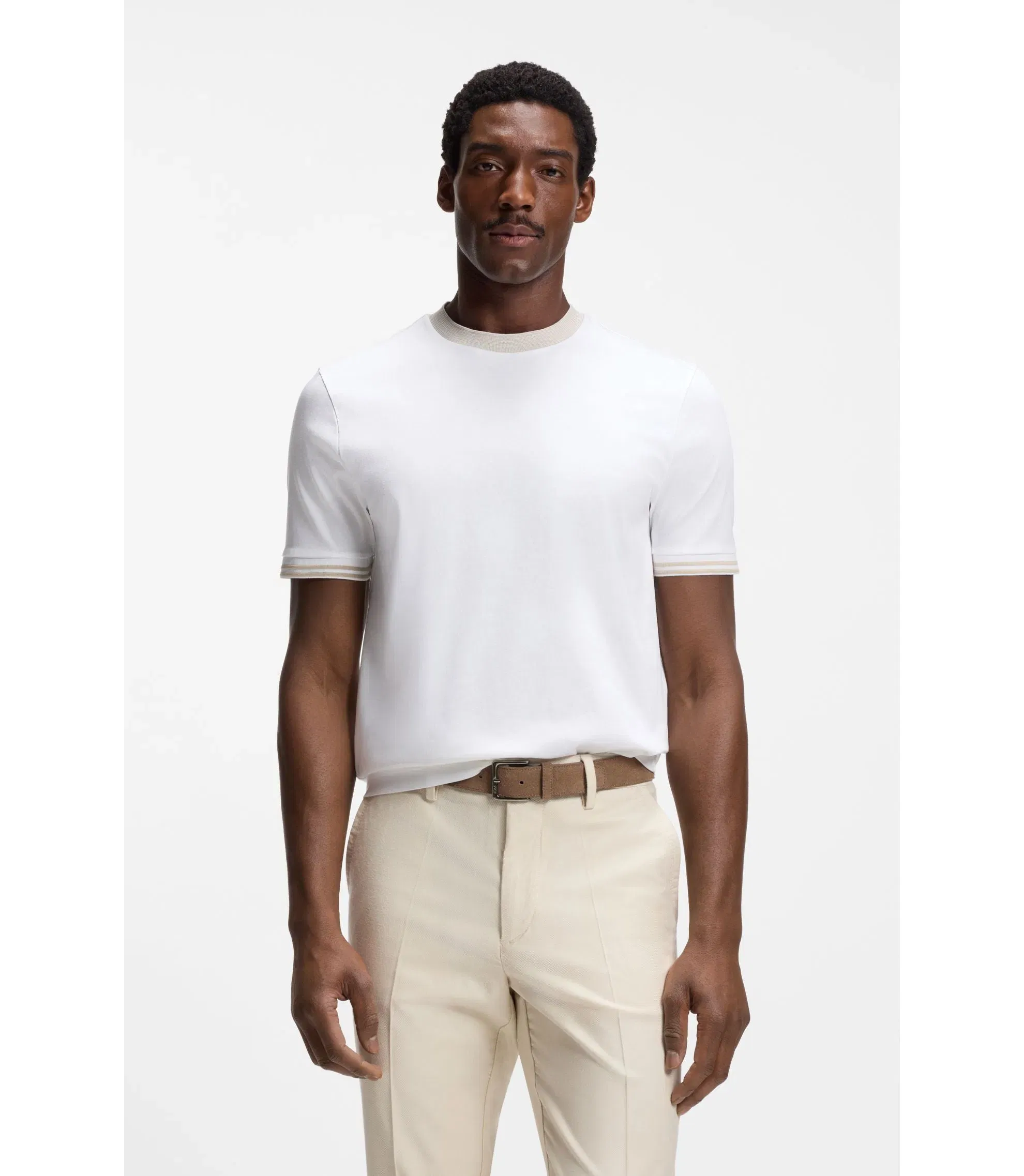 Boss Contrast Tipping Slim Fit T-Shirt In Mercerised Cotton White