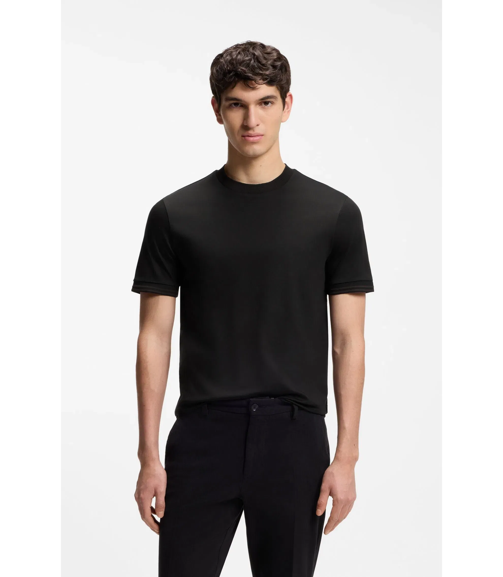 Boss Contrast Tipping Slim Fit T-Shirt In Mercerised Cotton Black