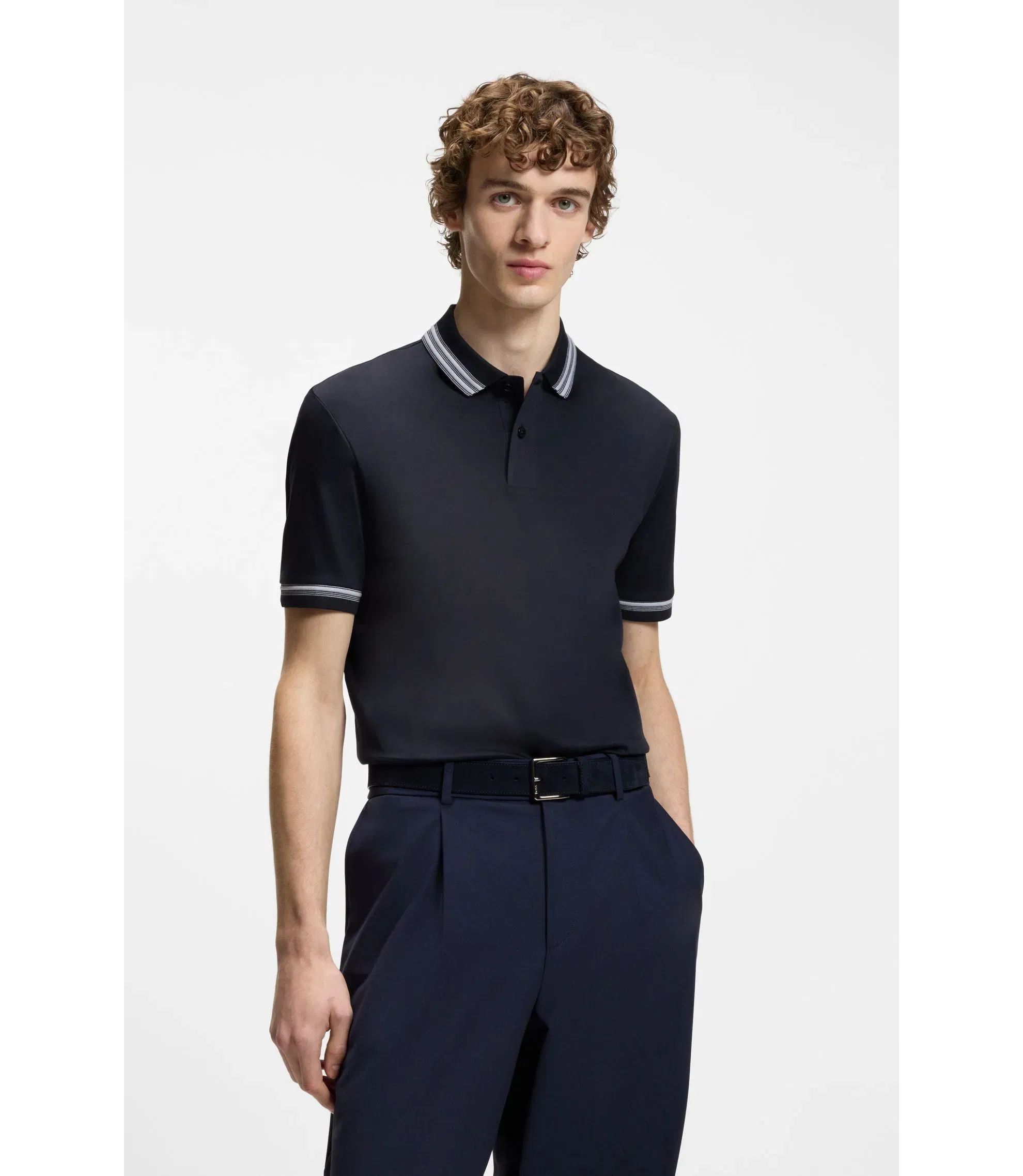 Boss Contrast Tipping Slim Fit Polo Shirt In Mercerised Cotton Dark Blue