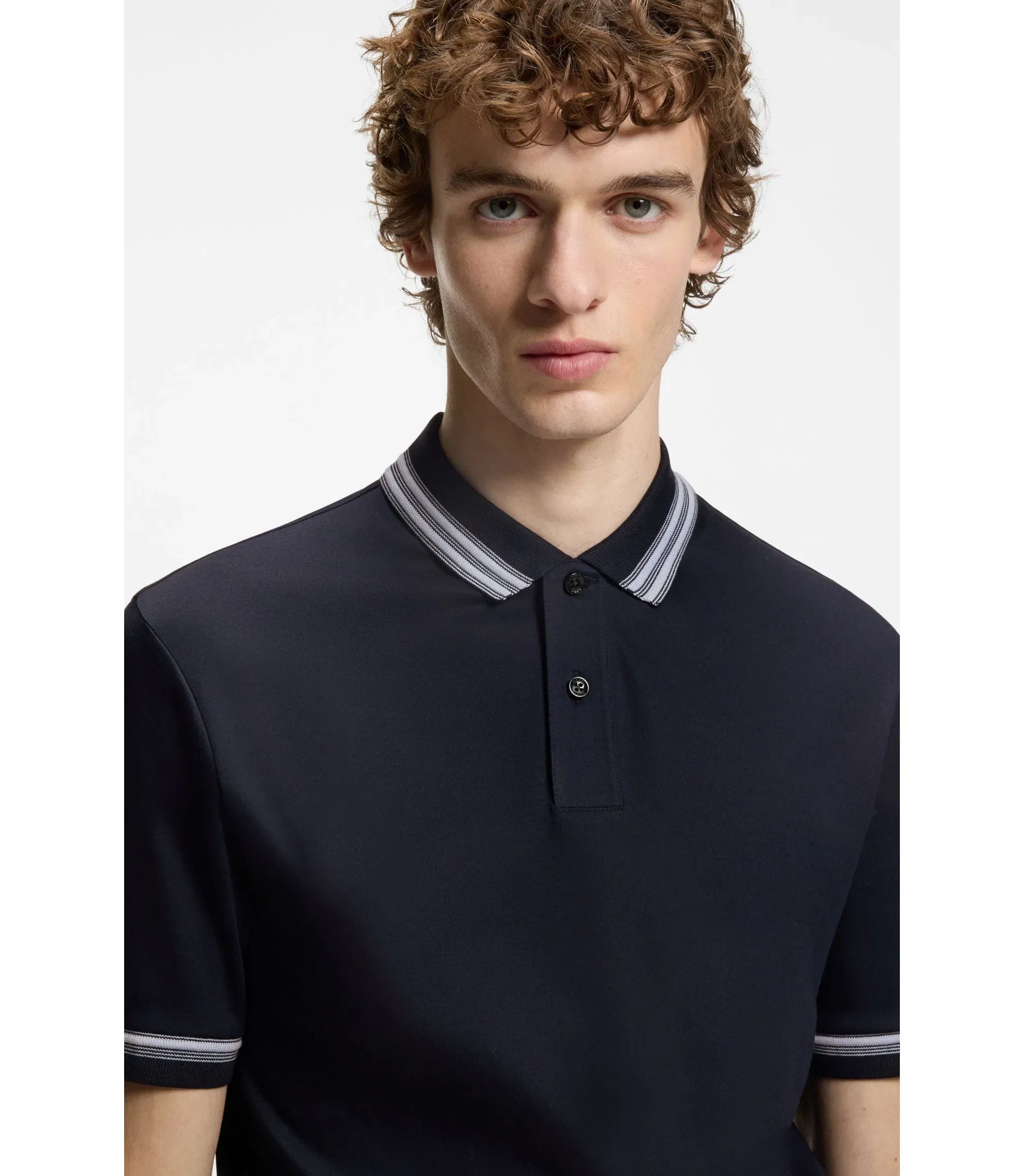 Boss Contrast Tipping Slim Fit Polo Shirt In Mercerised Cotton Dark Blue