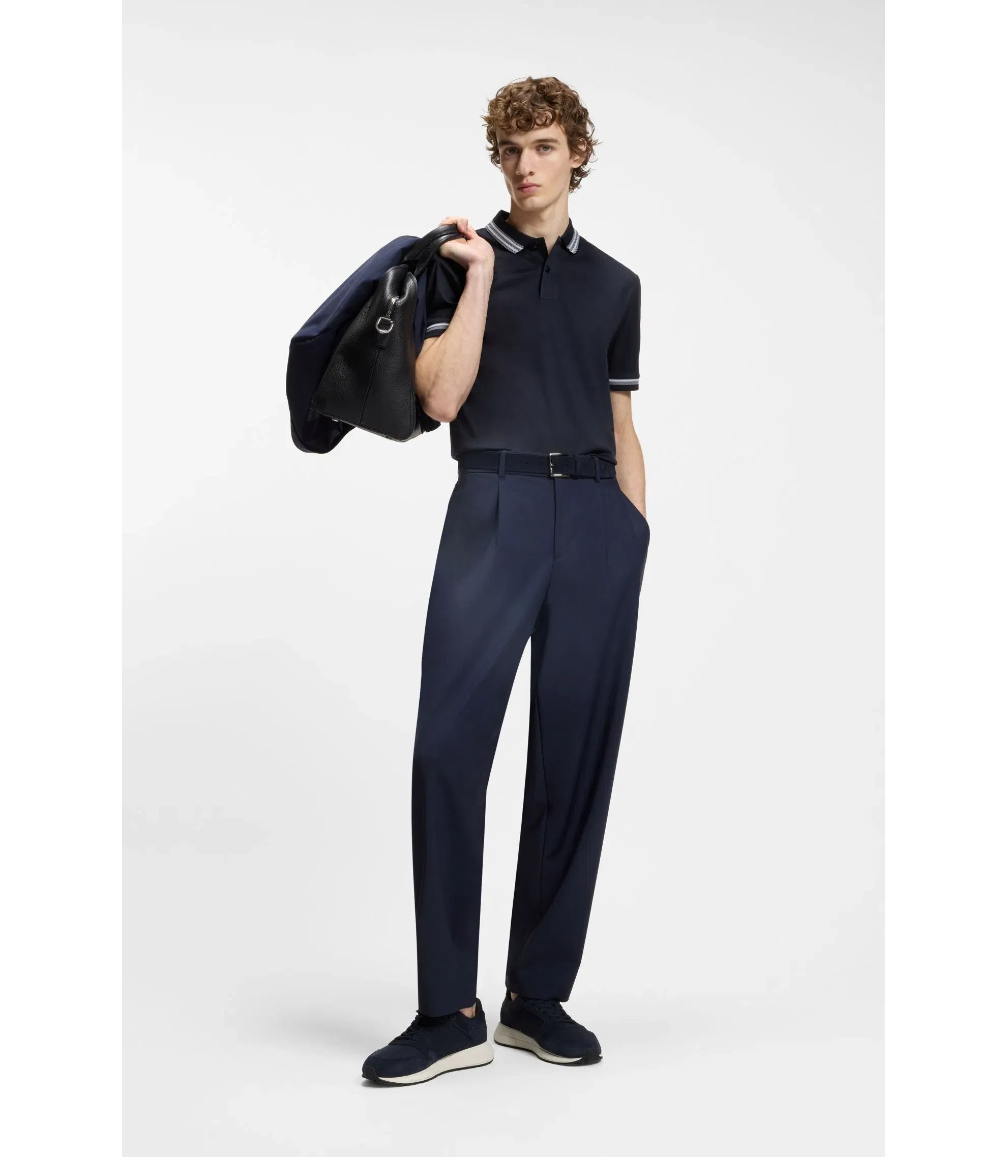 Boss Contrast Tipping Slim Fit Polo Shirt In Mercerised Cotton Dark Blue