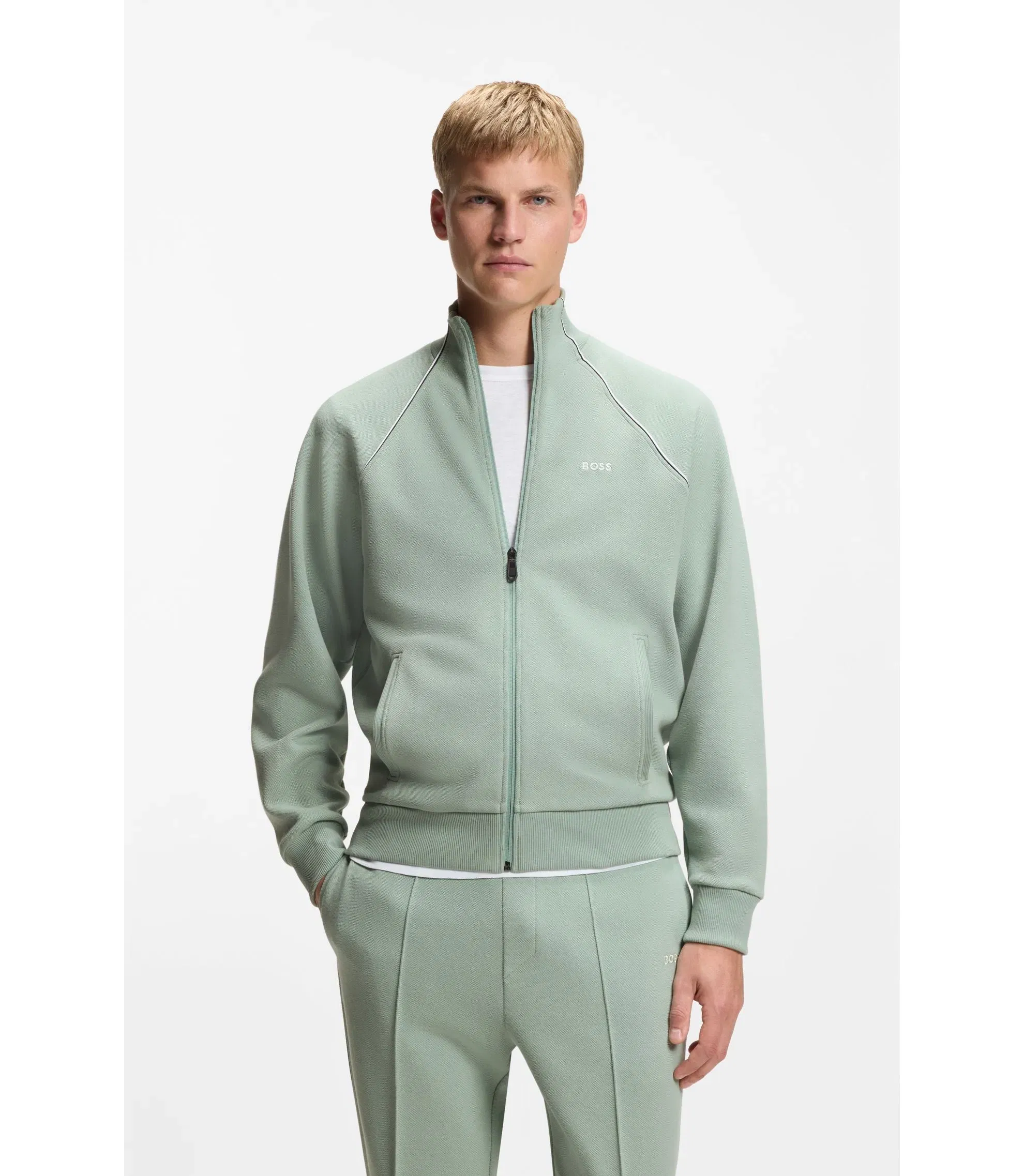 Boss Contrast Piping Sweatshirt In A Cotton Blend Light Green