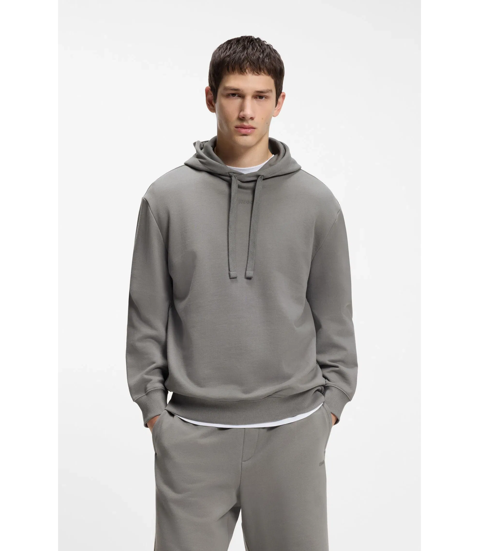 Hugo Contrast Logo Hoodie In Cotton Terry Dark Grey