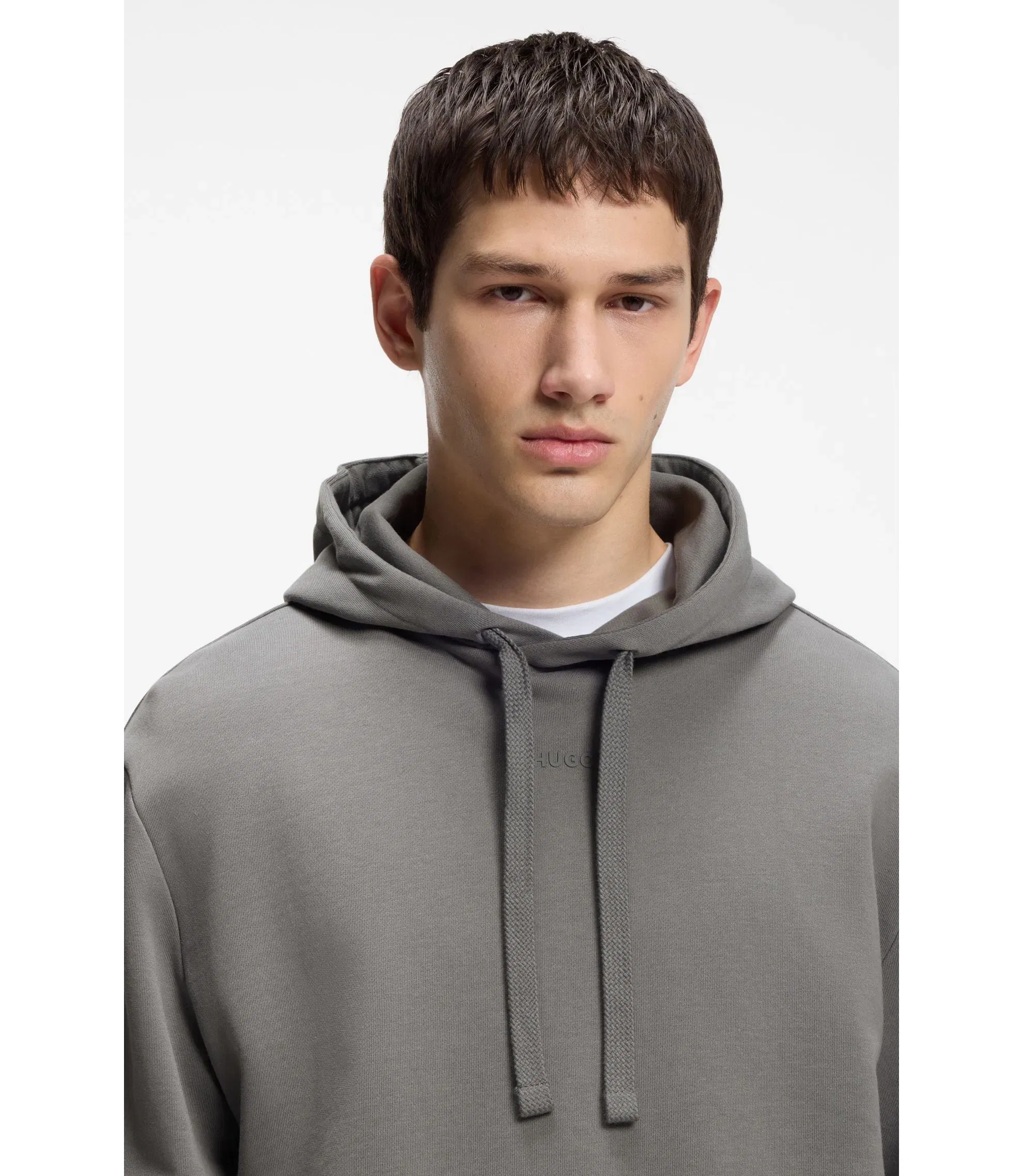 Hugo Contrast Logo Hoodie In Cotton Terry Dark Grey