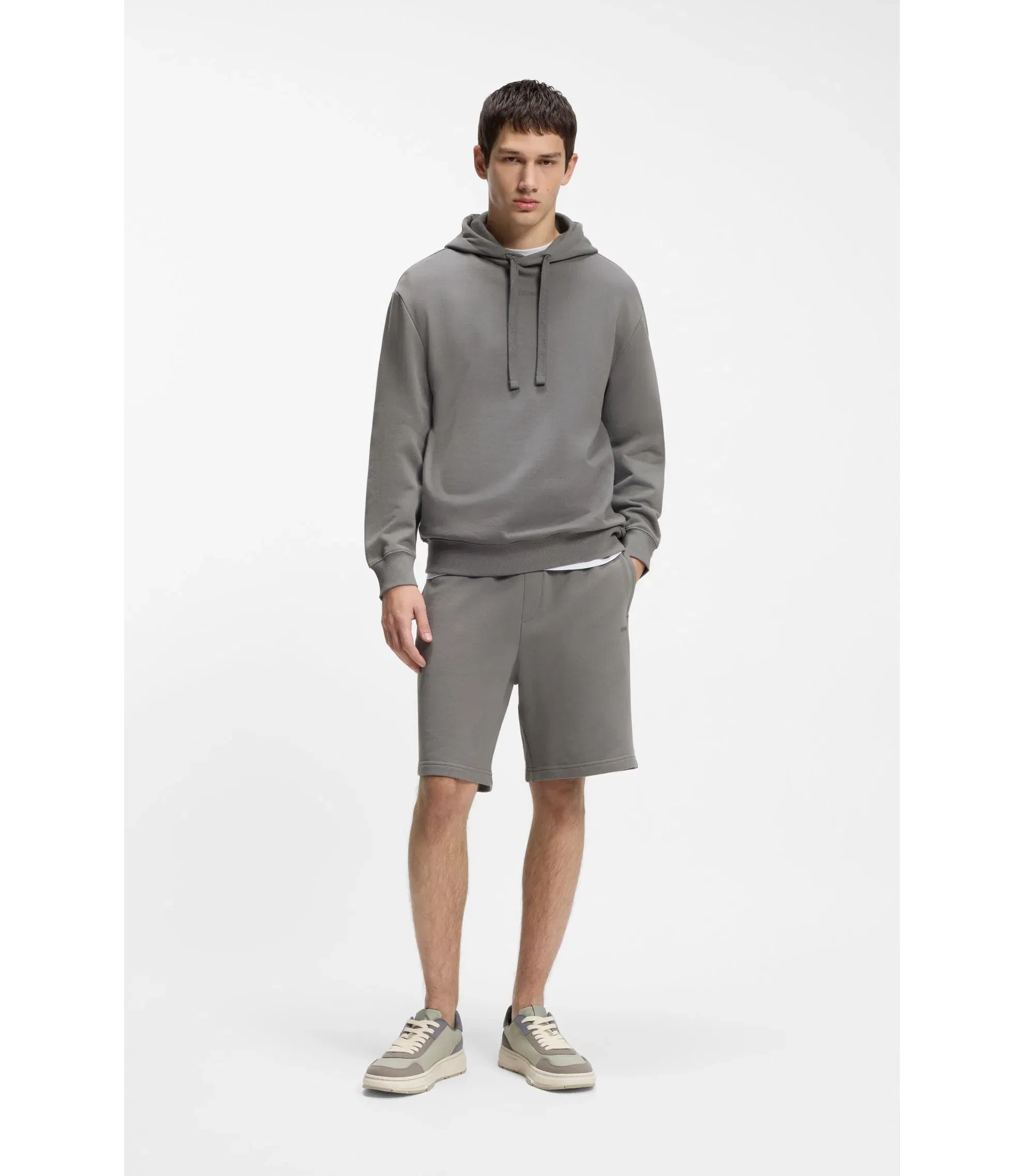 Hugo Contrast Logo Hoodie In Cotton Terry Dark Grey